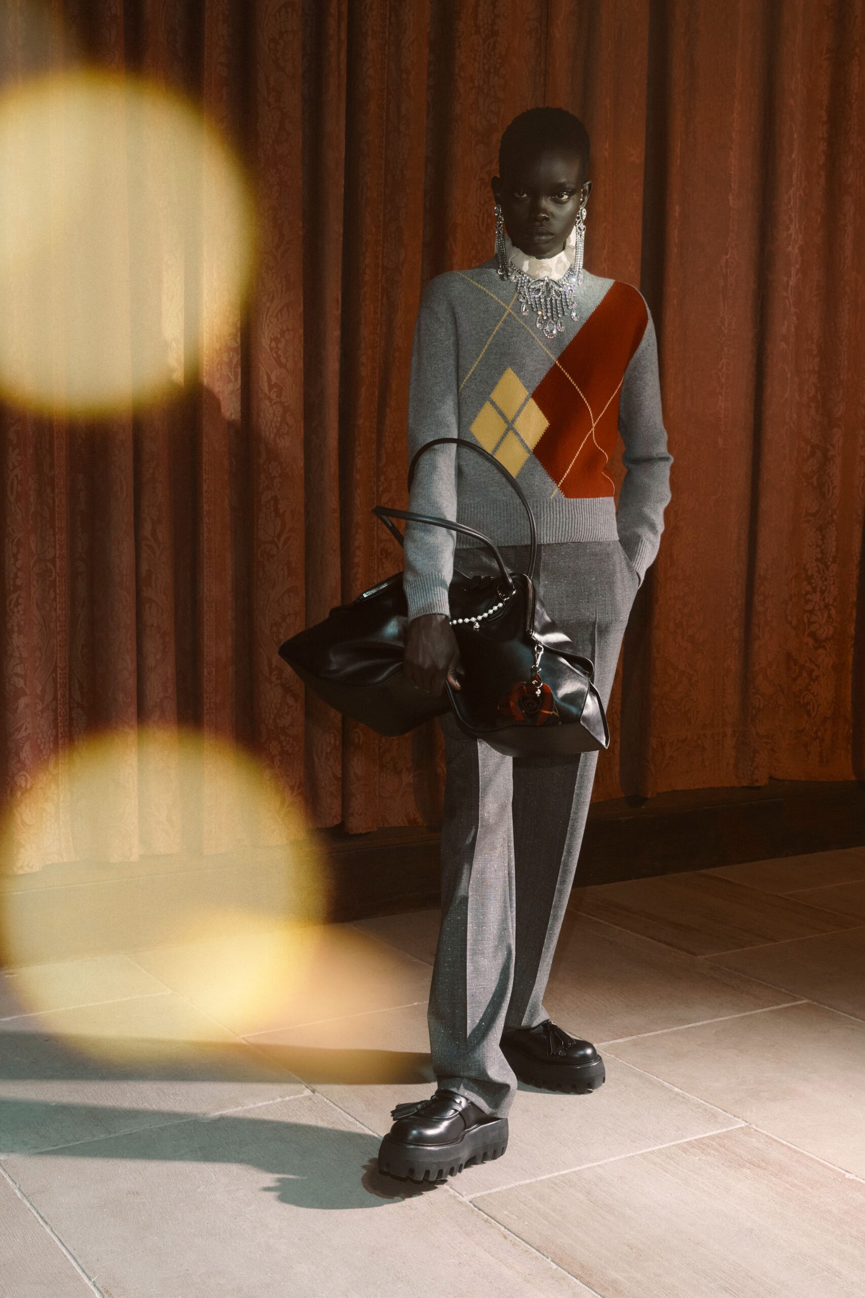 gray knit long-sleeve collared argyle ribbed textured sweater