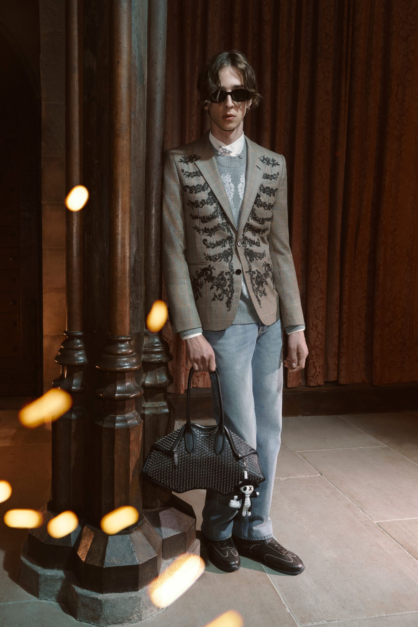 beige wool long-sleeve collared tailored checked embroidered blazer