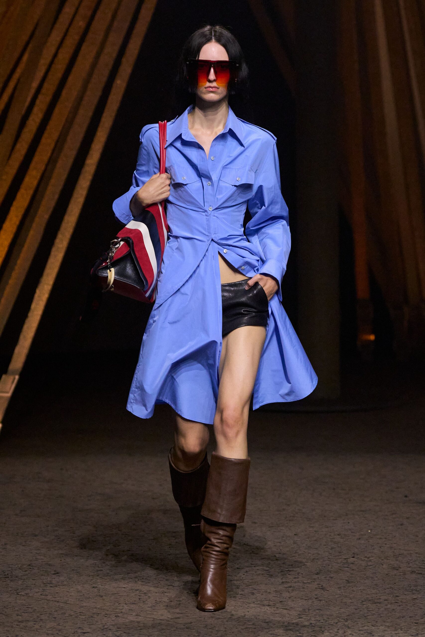 blue cotton long-sleeve collared structured buttoned pockets shirt-dress