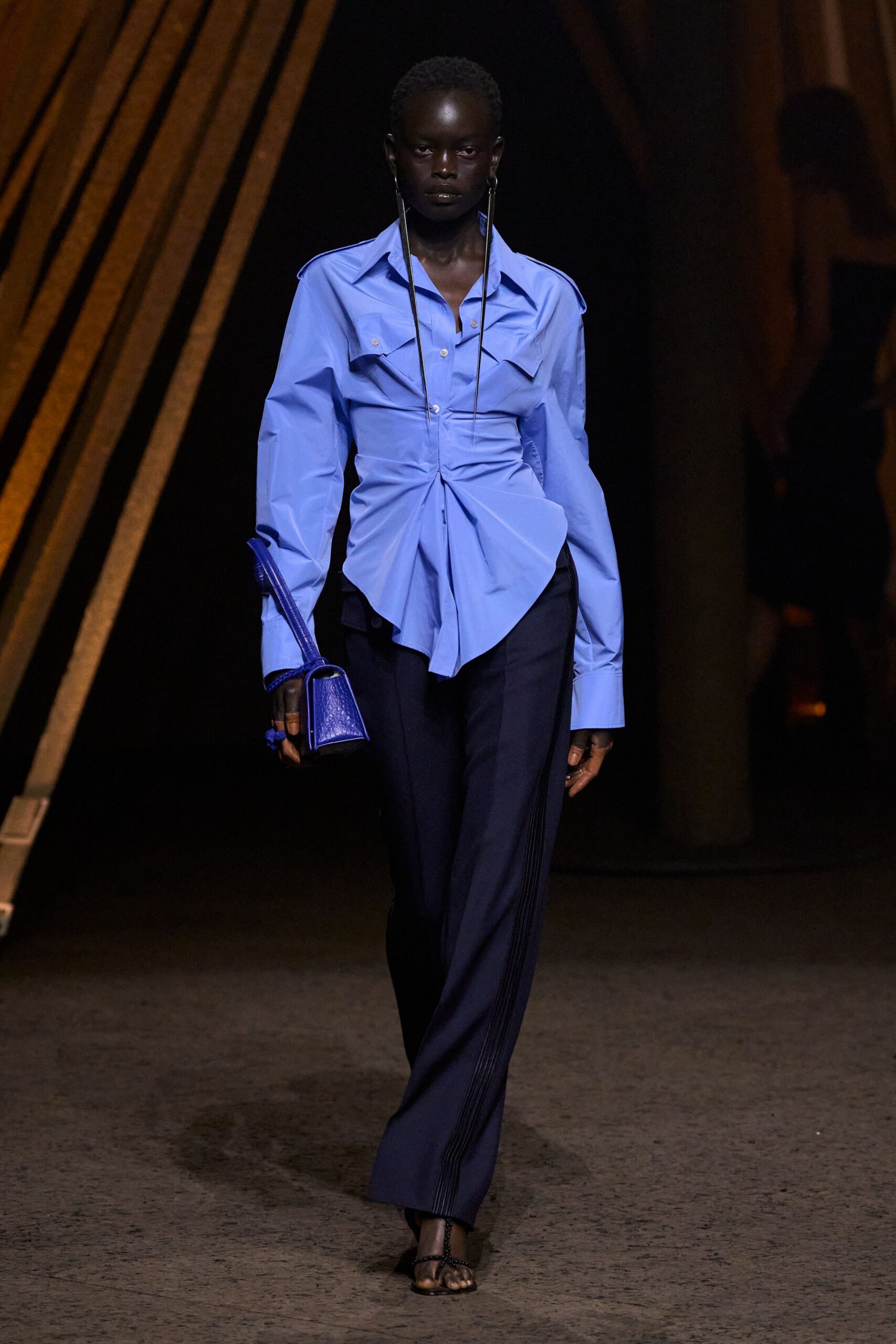 blue cotton long-sleeve collared structured buttoned draped shirt