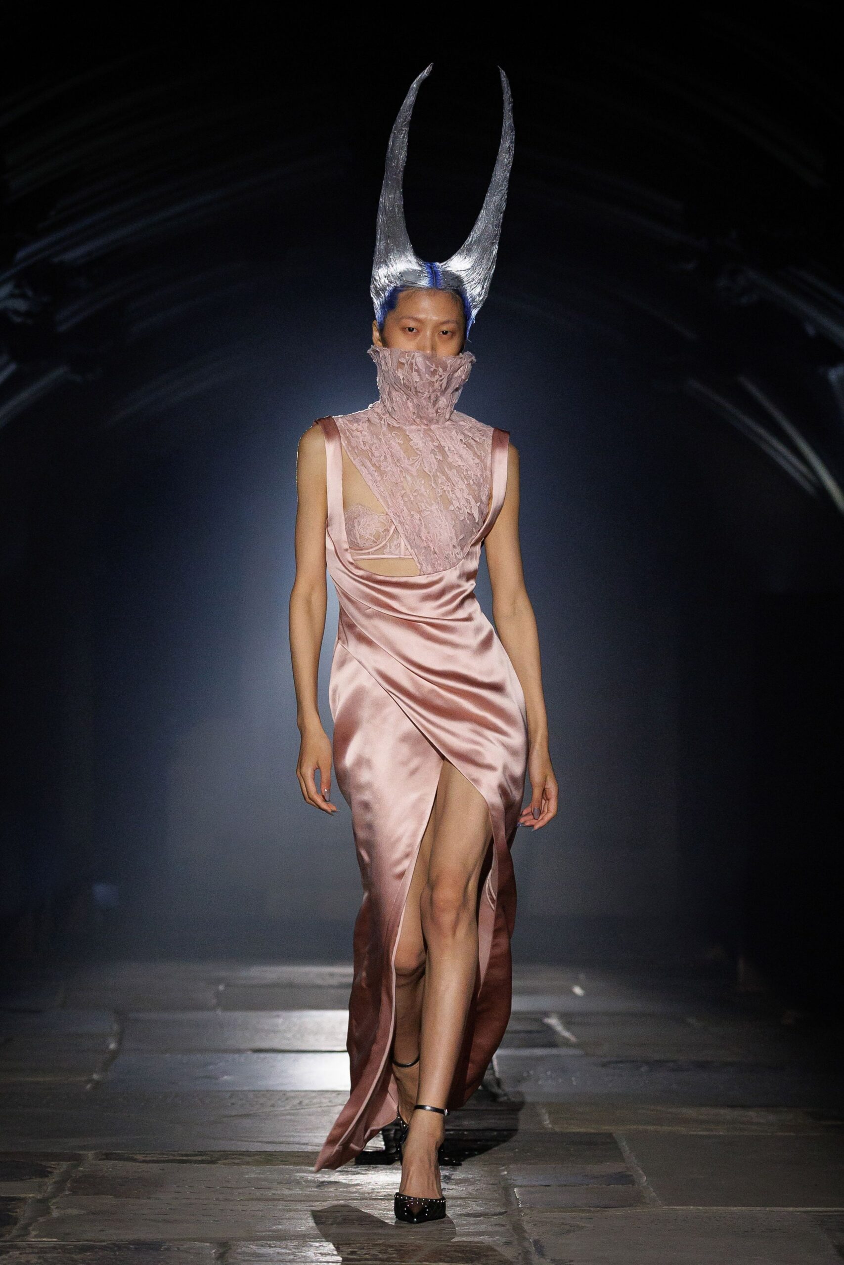 pink satin sleeveless asymmetric fitted draped gown