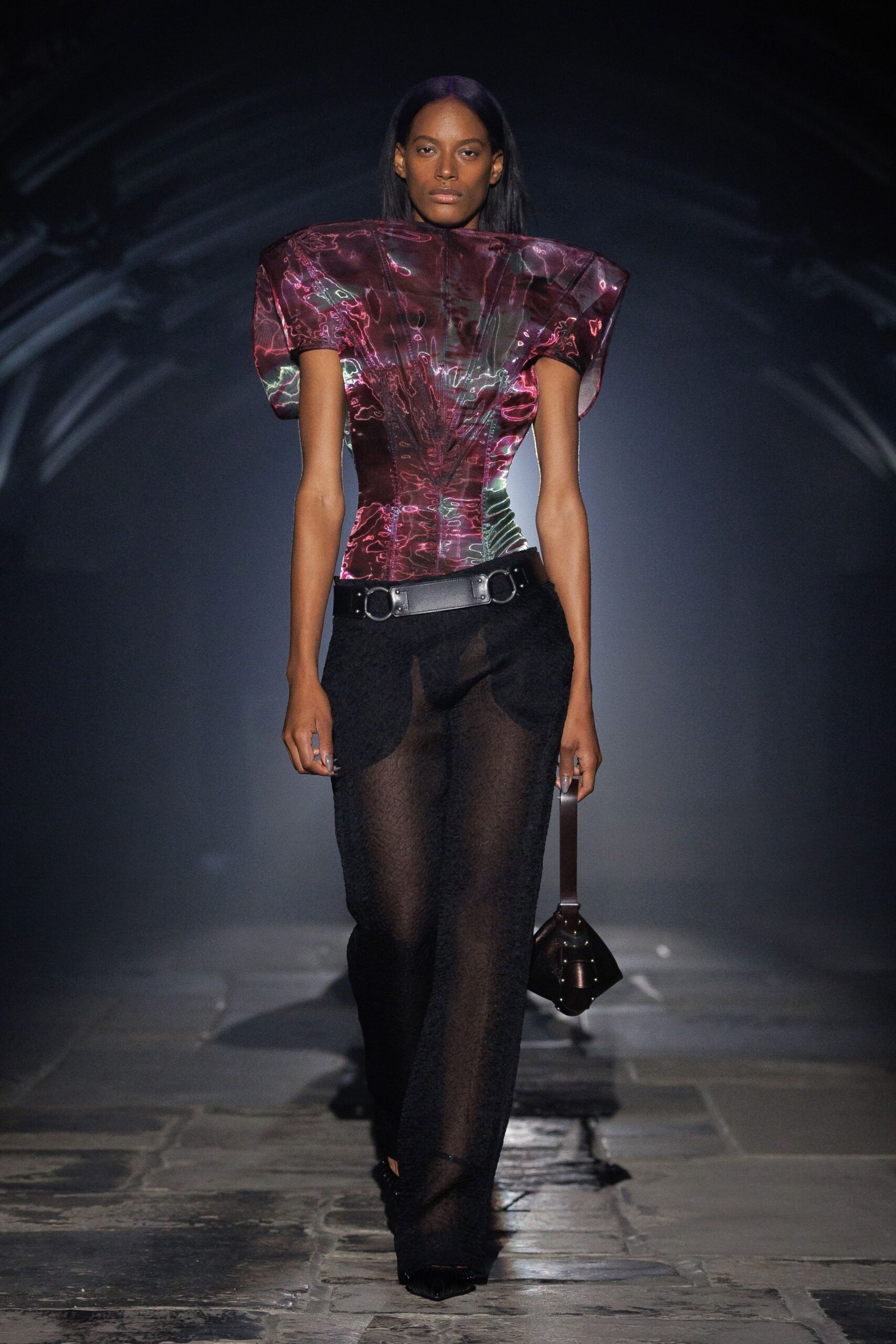 black unknown belted wide-leg sheer textured pants