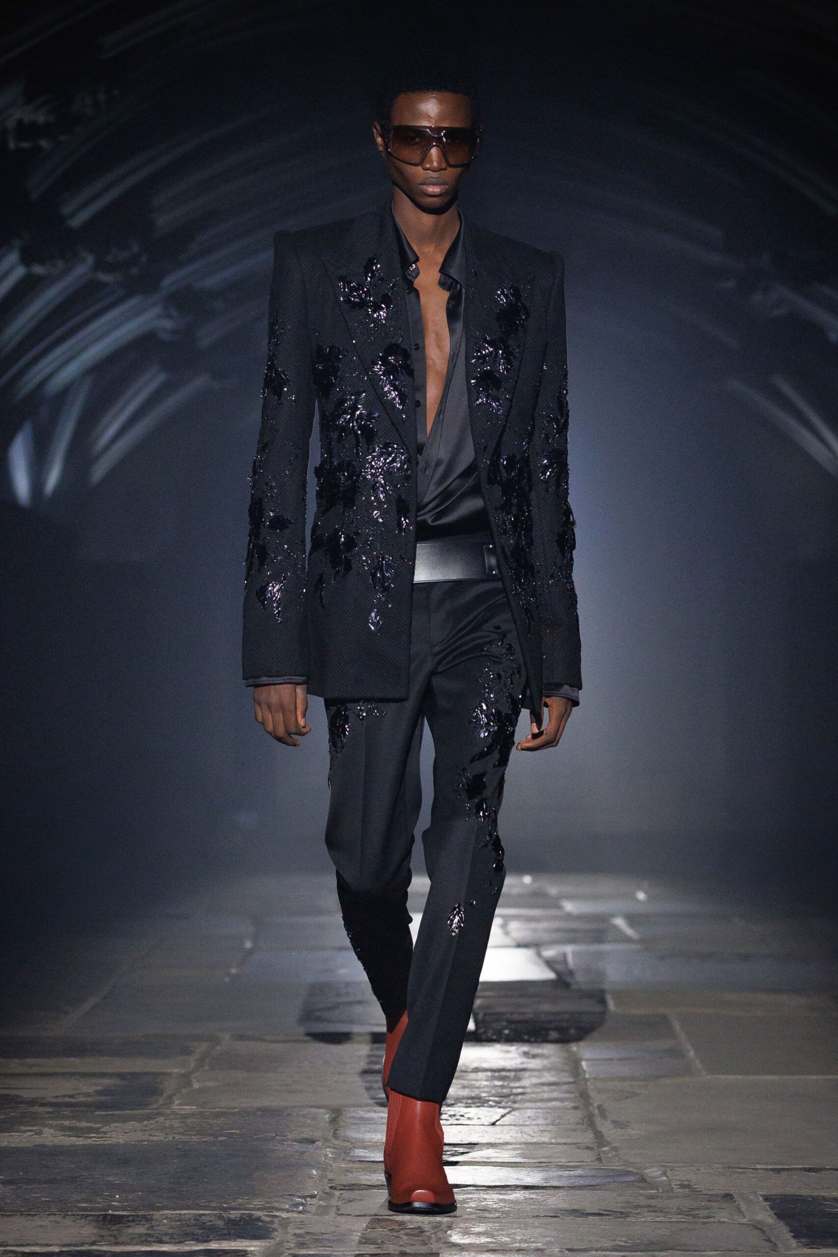 black sequin floral straight-leg textured shiny pants