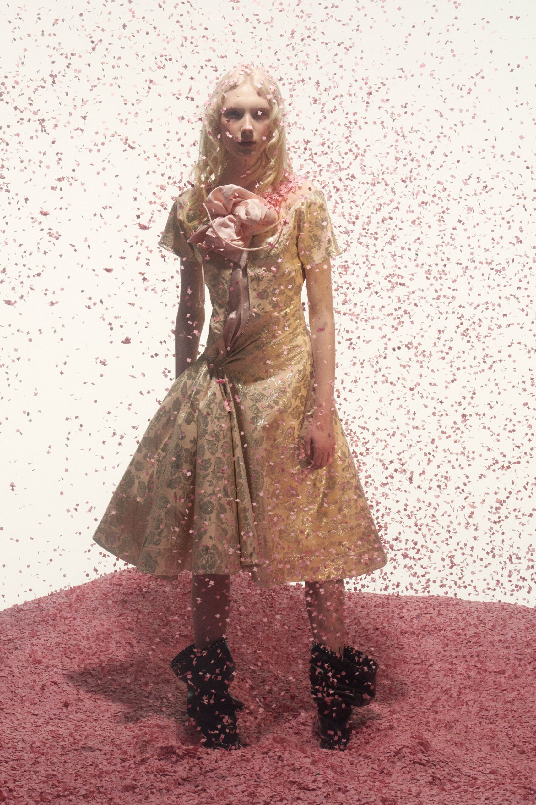 Pale gold floral brocade dress, twisted at the waist with a blown-up pink rosette. Black crushed-velvet ankle boots, slouched into thick folds. Petals in your hair after the wedding emptied out into the garden.