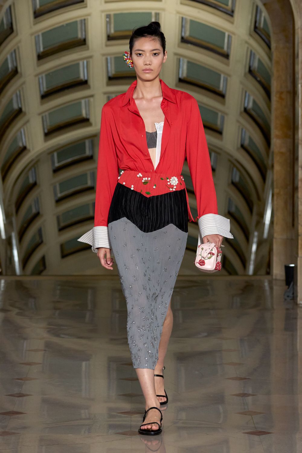 red blouse with embellished fringe skirt