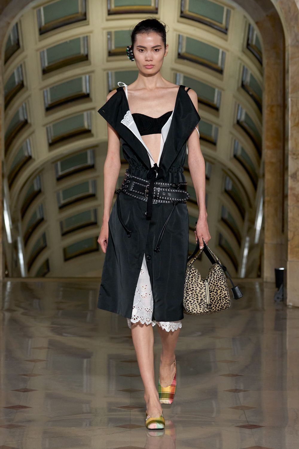 black apron-style belted midi dress