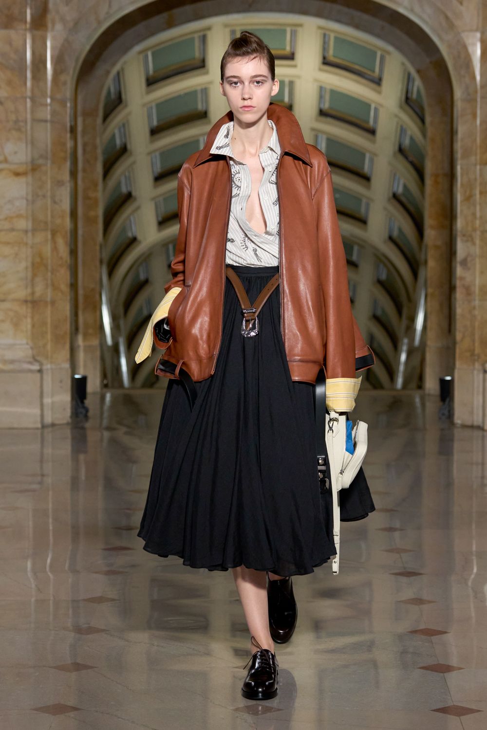 oversized brown leather bomber jacket