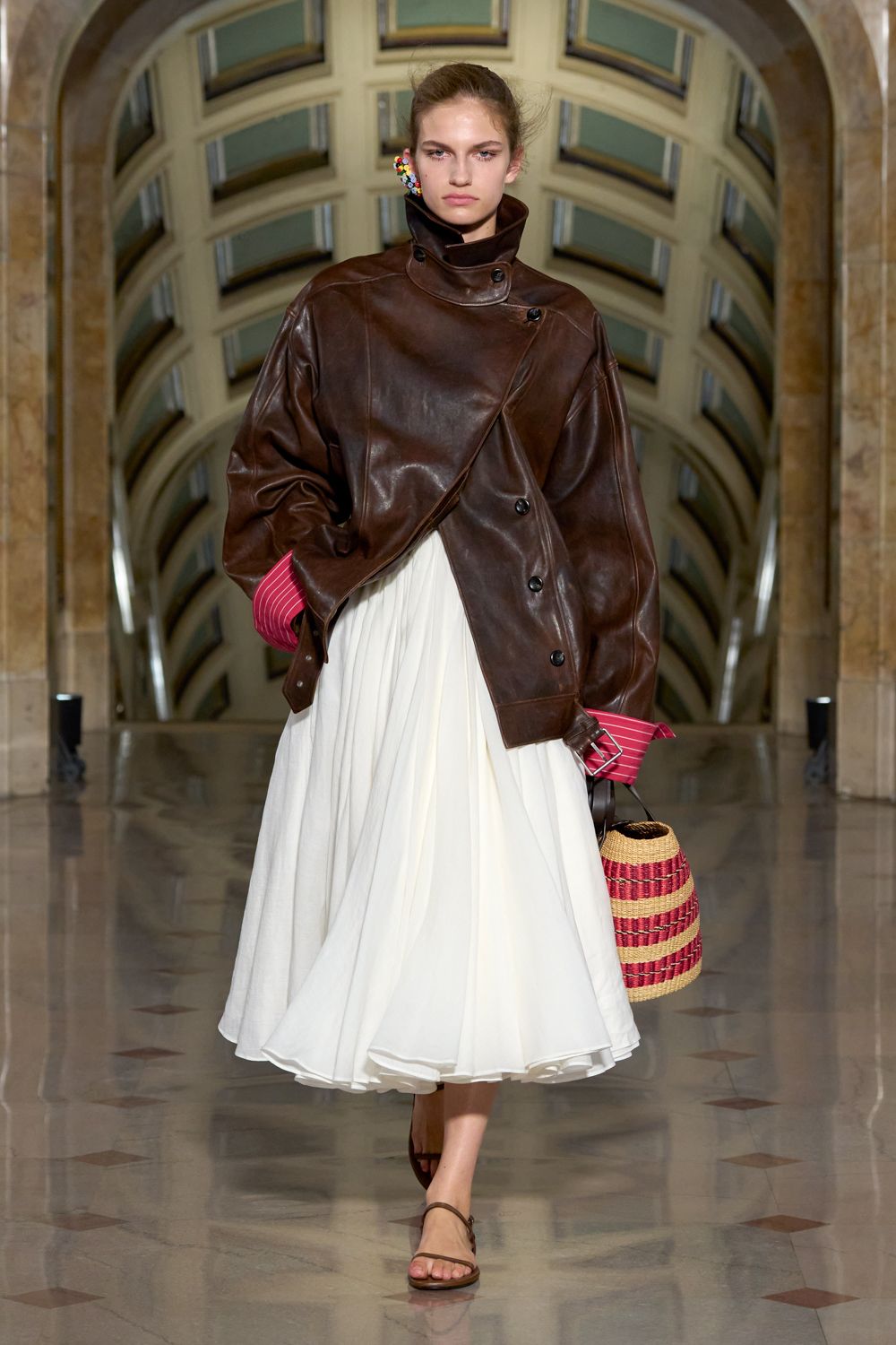 oversized brown leather moto jacket