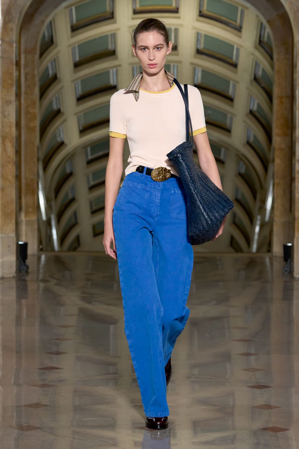high-waisted blue wide-leg pants