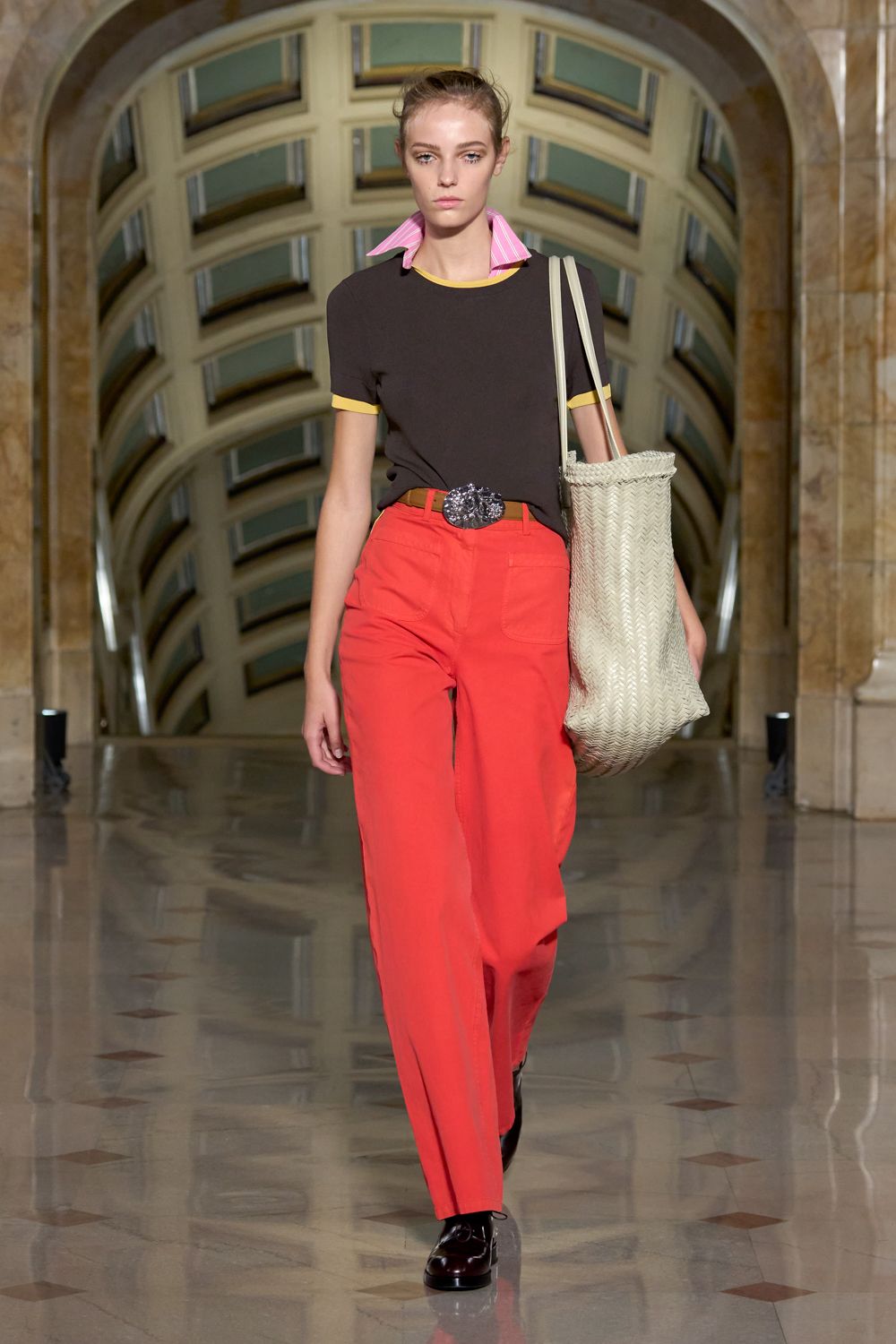 coral wide-leg trousers