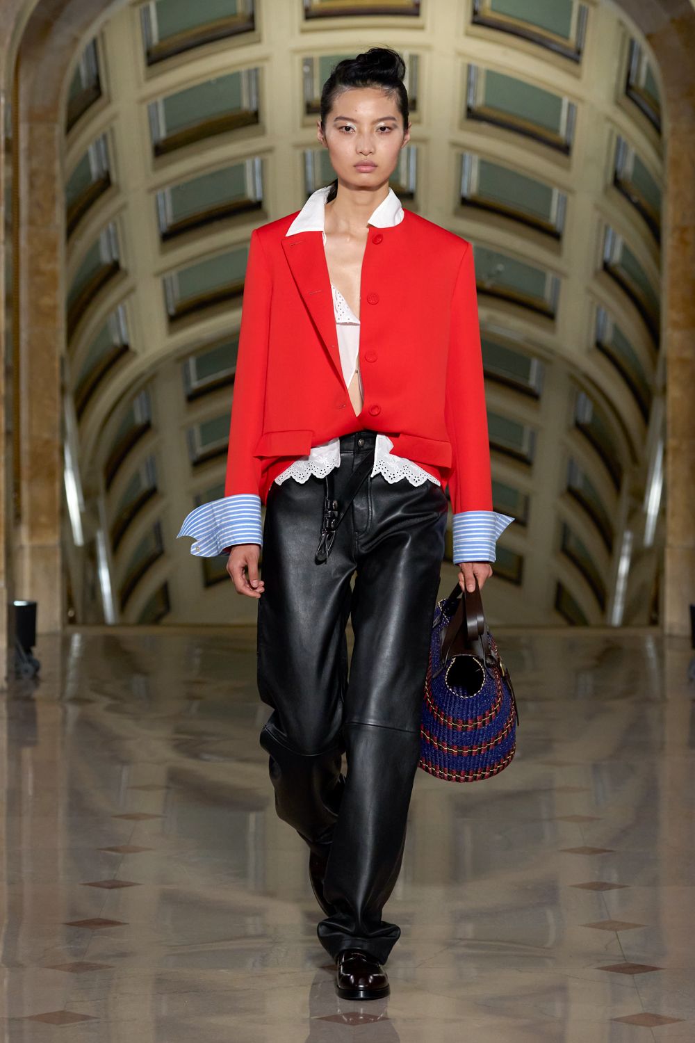 cropped red jacket with contrast cuffs
