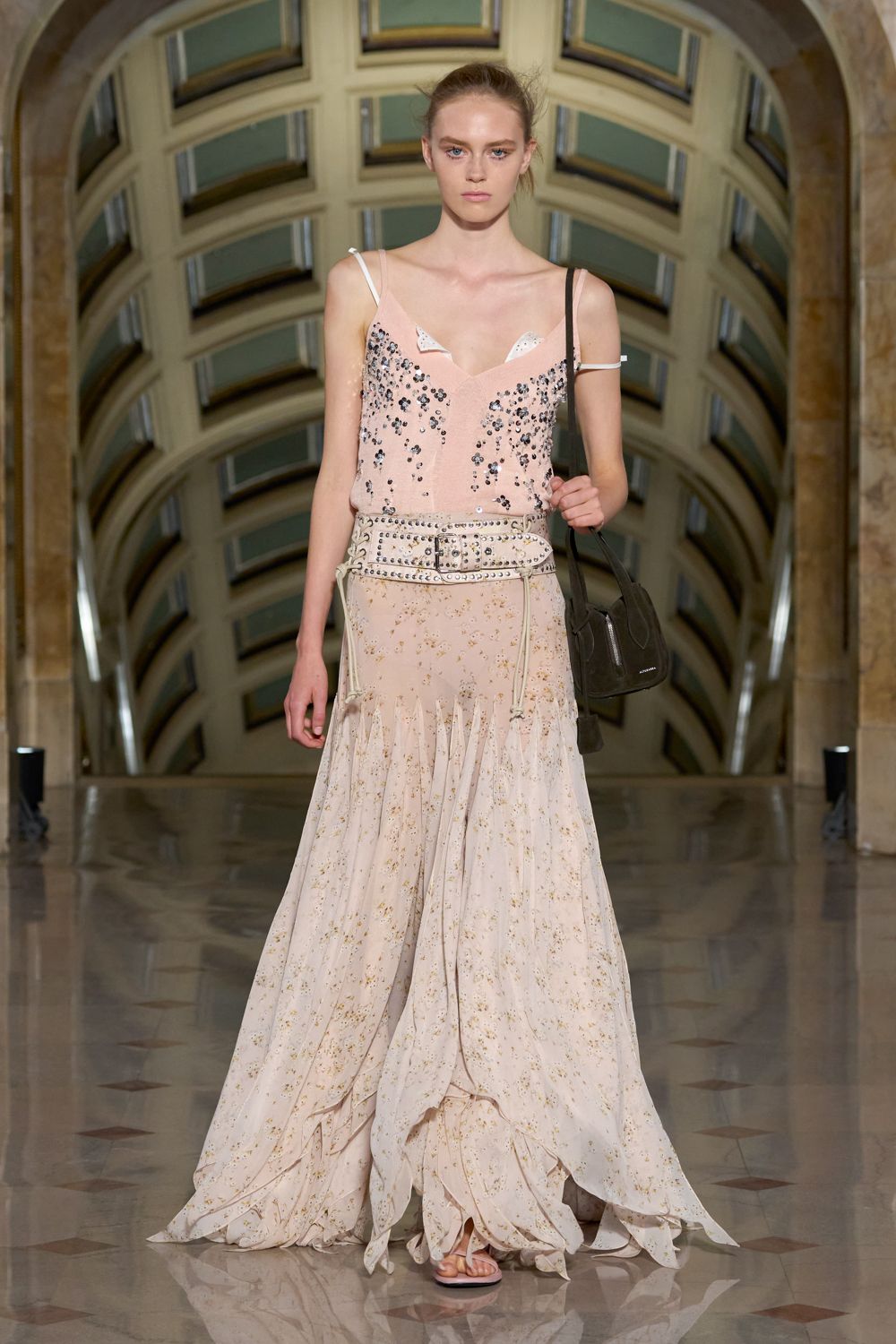 sequined floral chiffon slip gown
