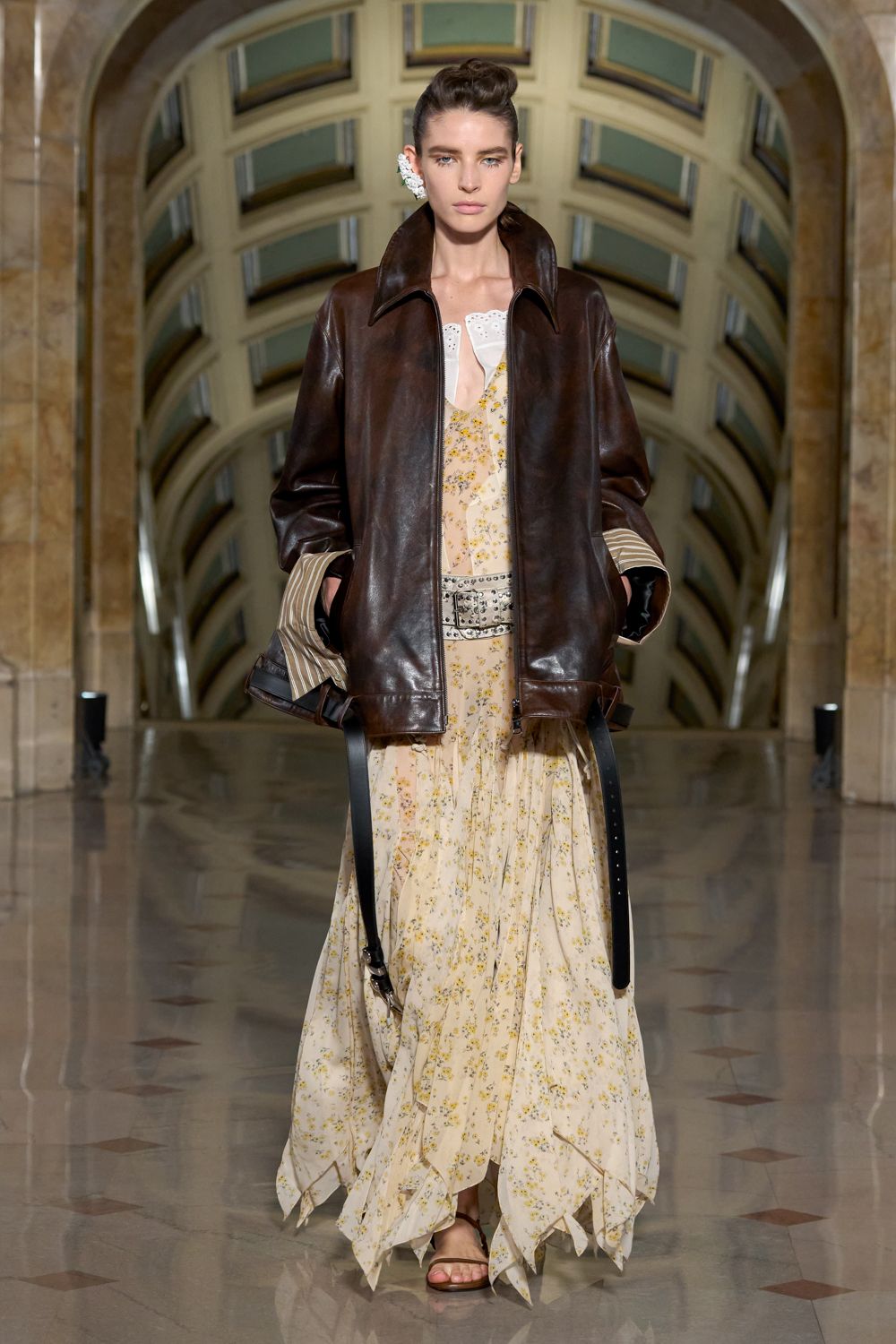 oversized brown leather bomber jacket