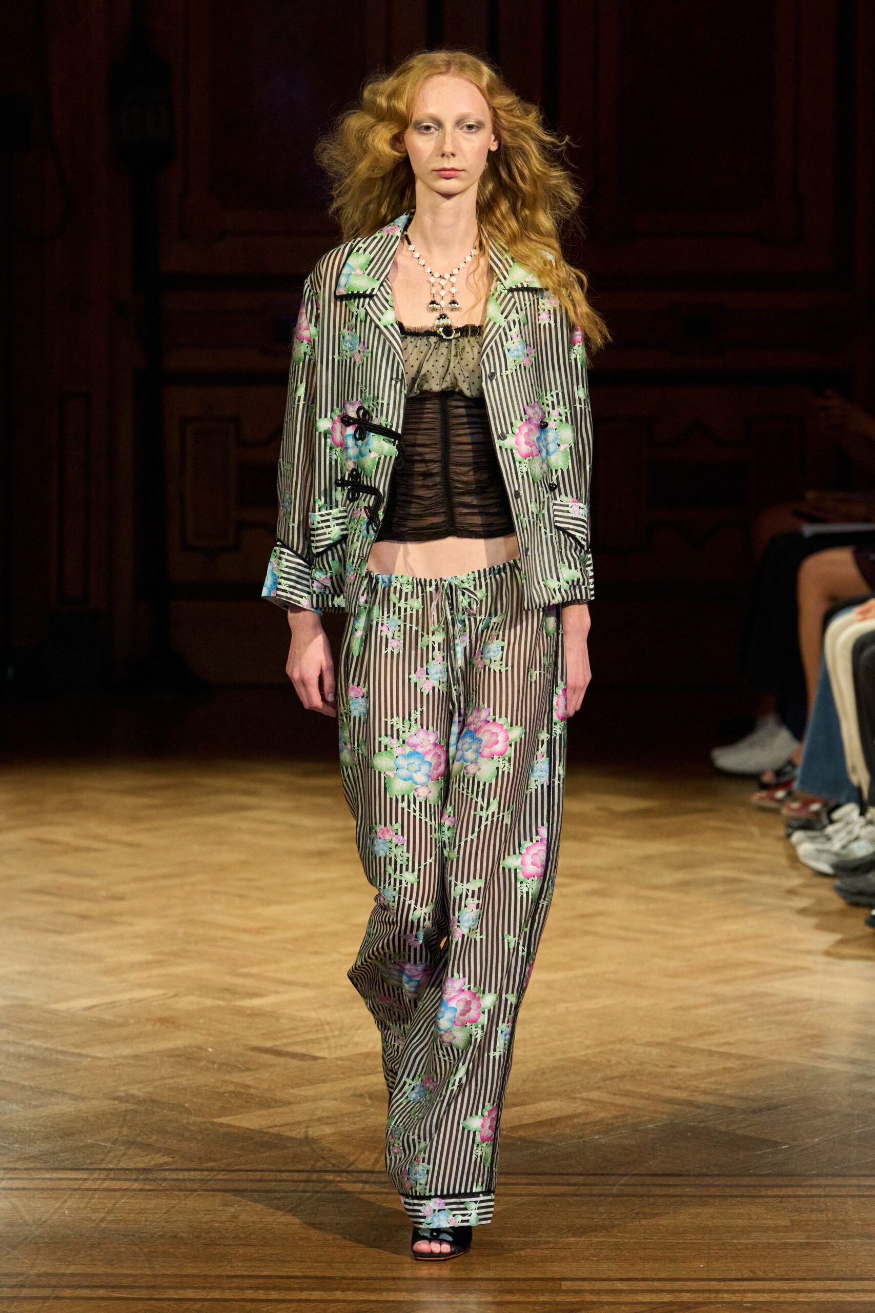 floral striped frog-closure jacket