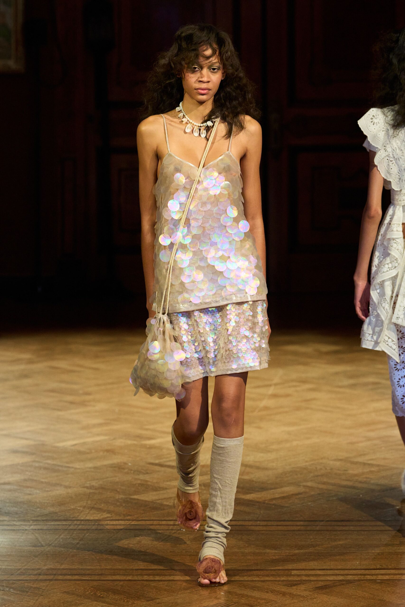 iridescent paillette slip dress