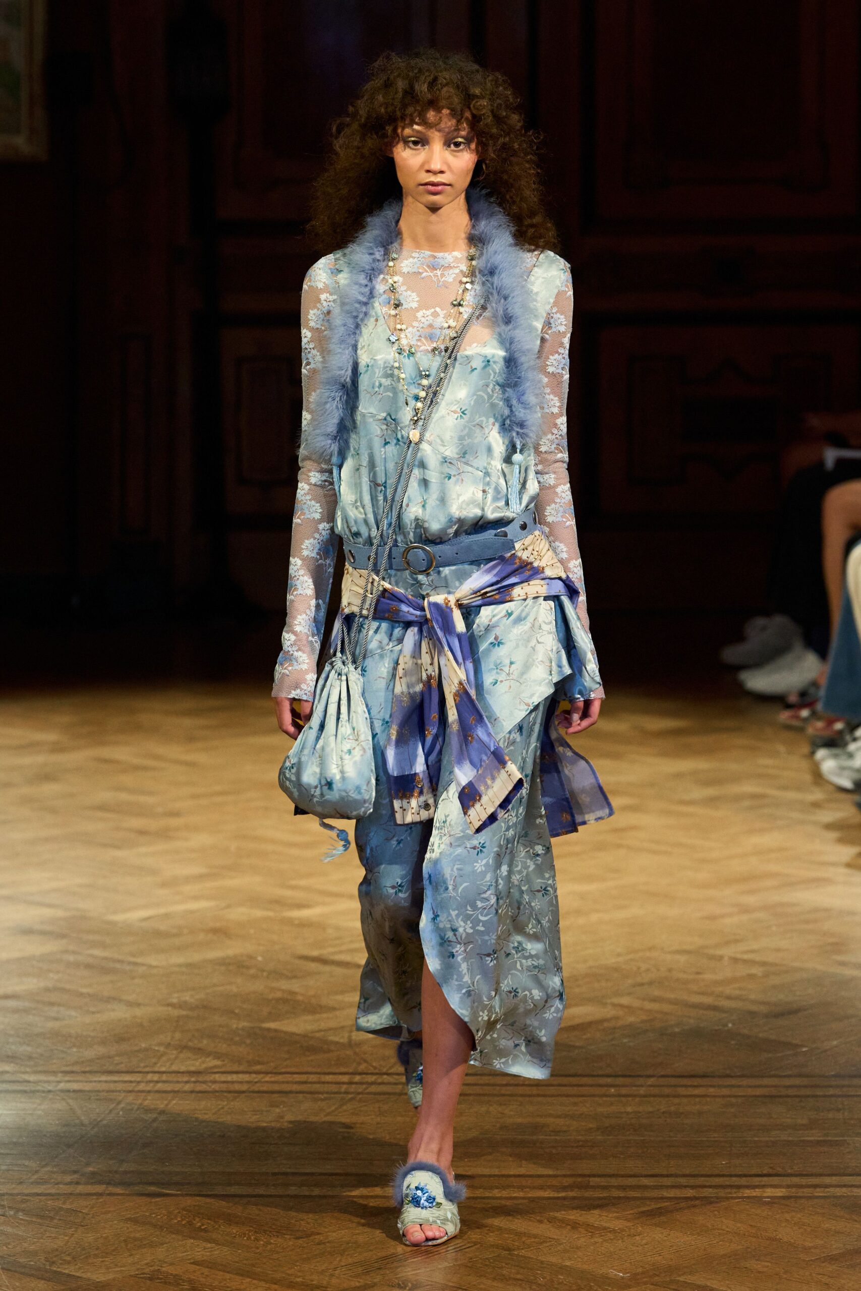 blue floral lace satin dress