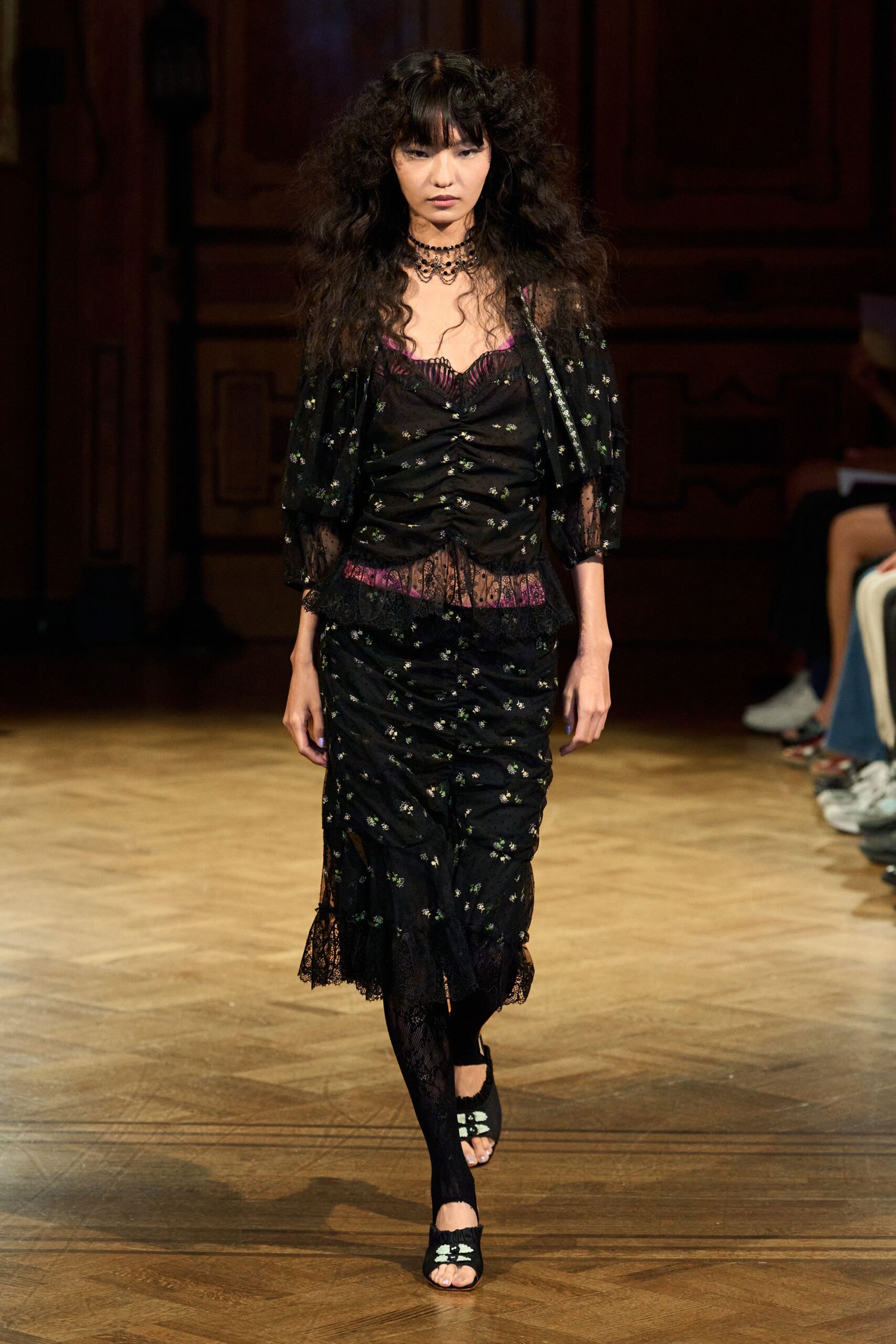 black floral lace-trim ruched skirt set