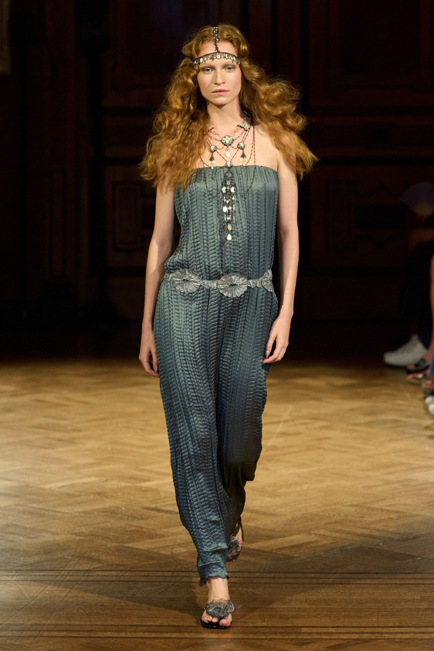 strapless textured teal jumpsuit