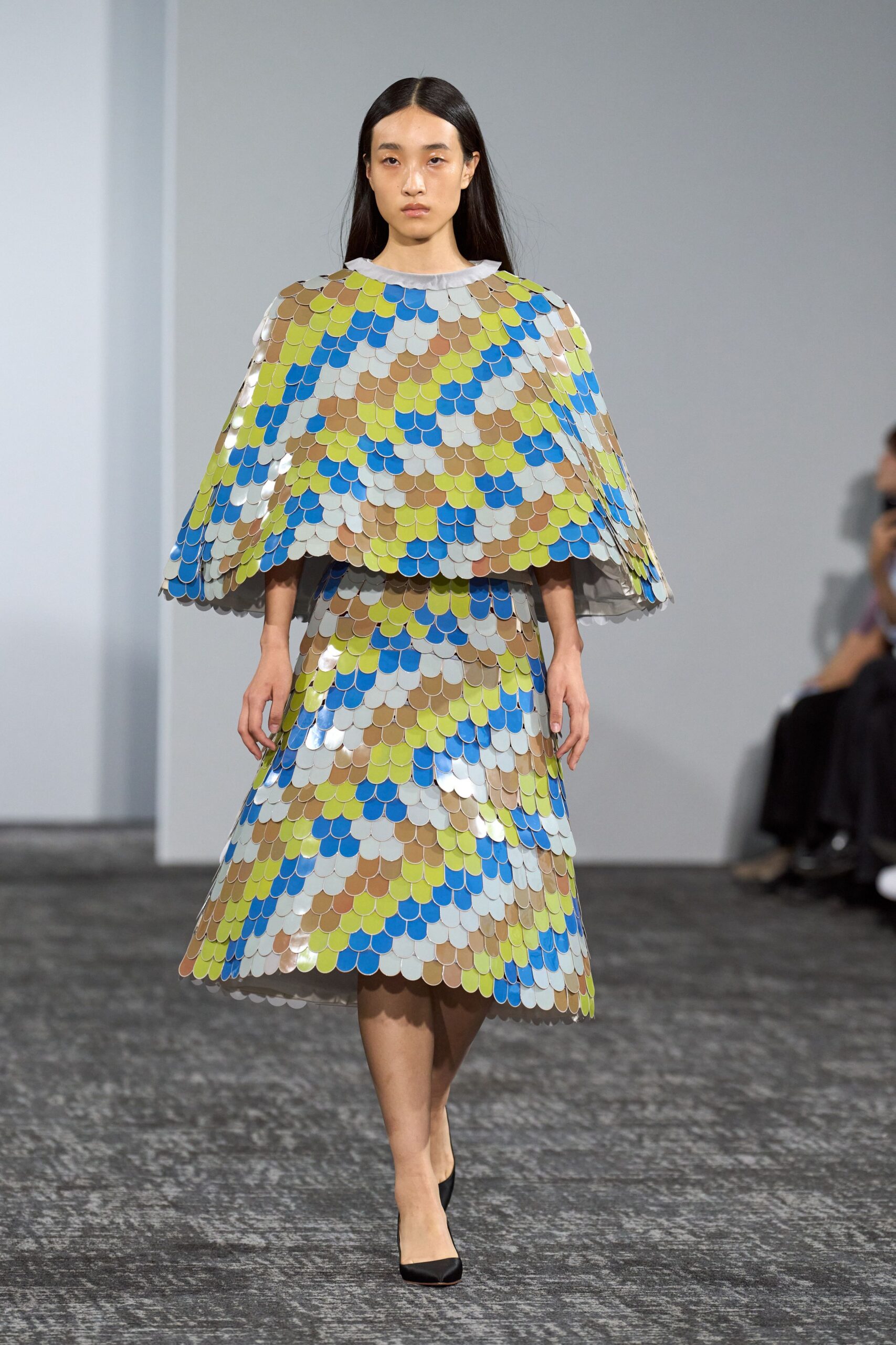 scalloped disc embellished cape dress