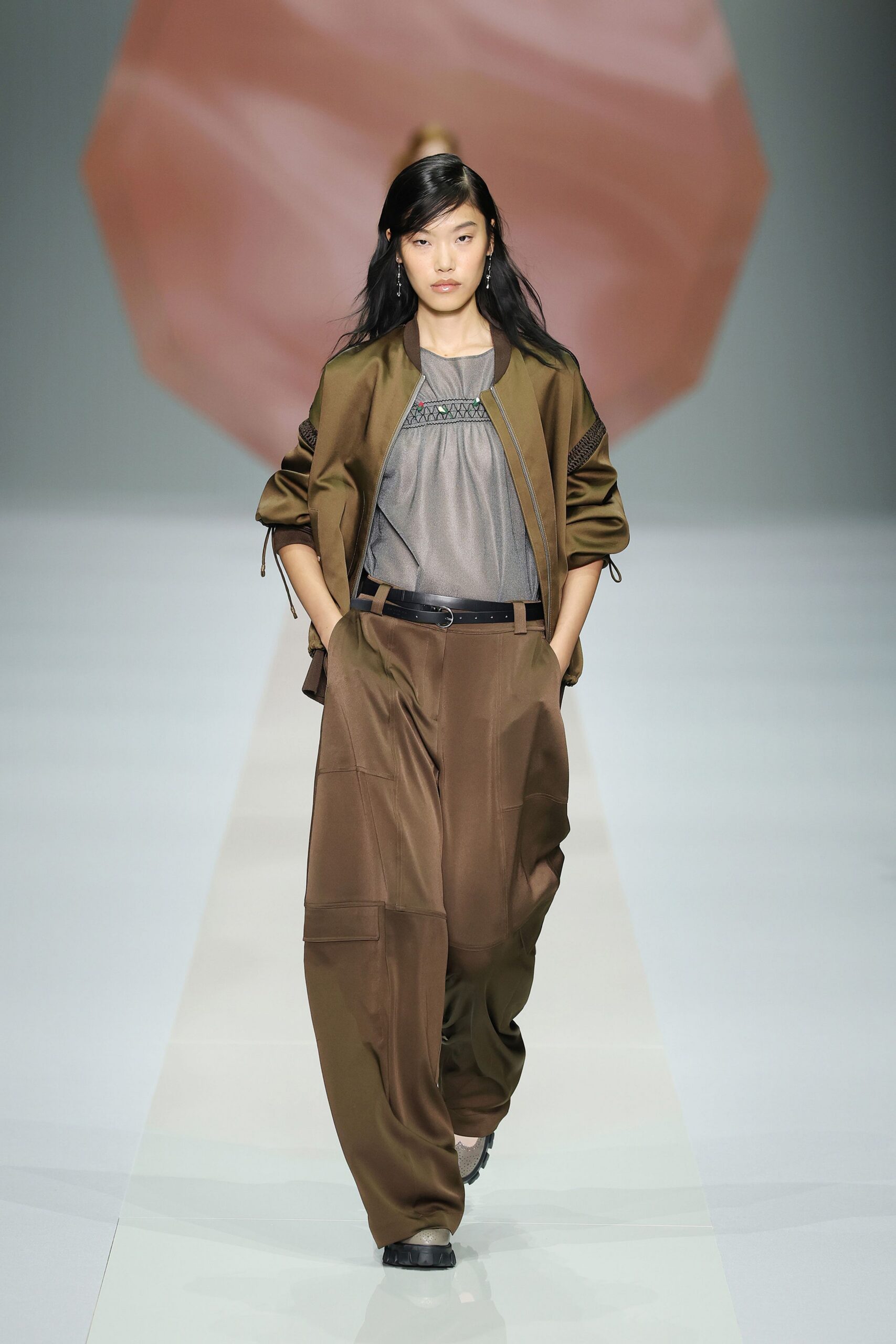 brown satin long-sleeve open-front relaxed zippered shiny jacket