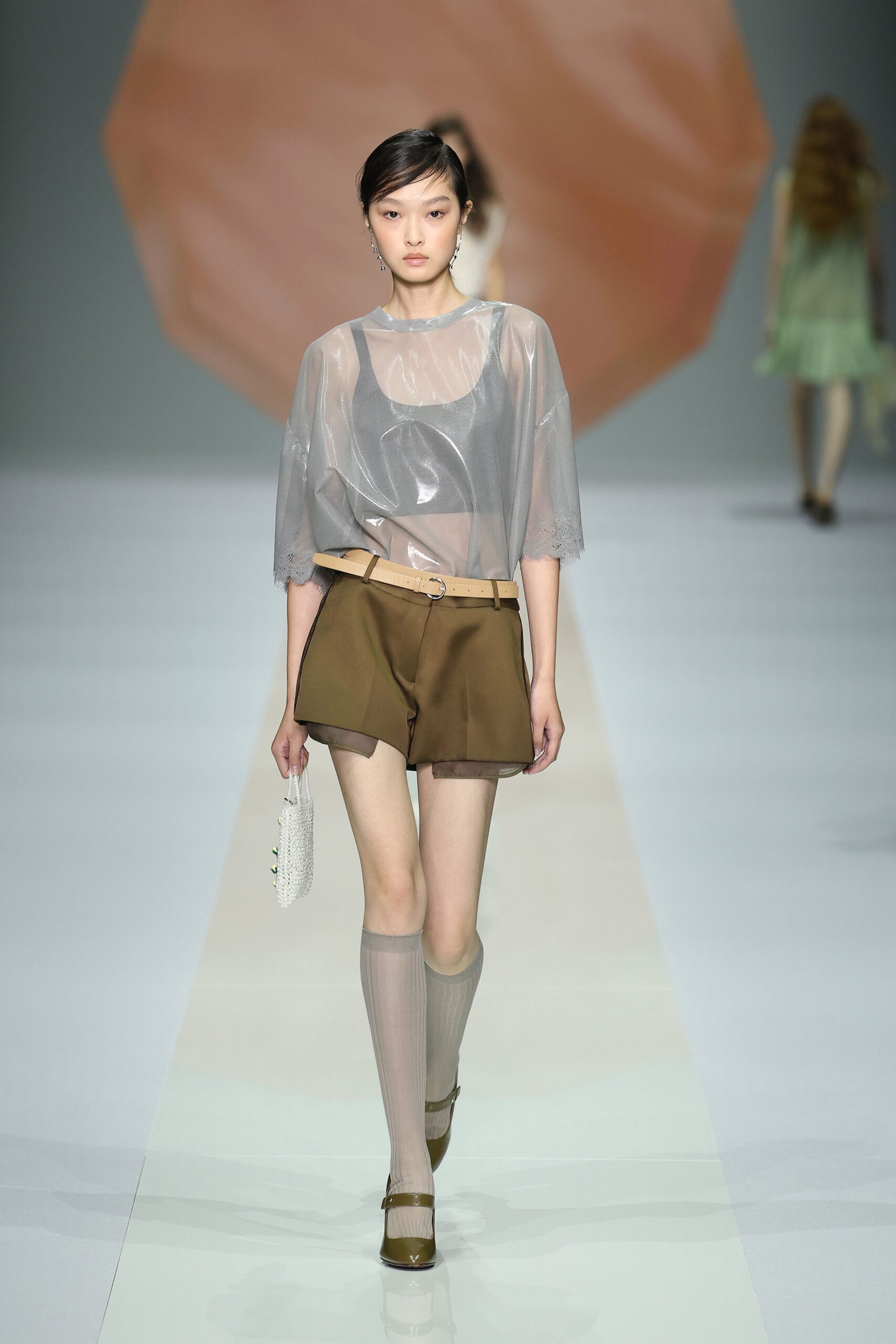 gray organza short-sleeve high-neck oversized sheer shiny top