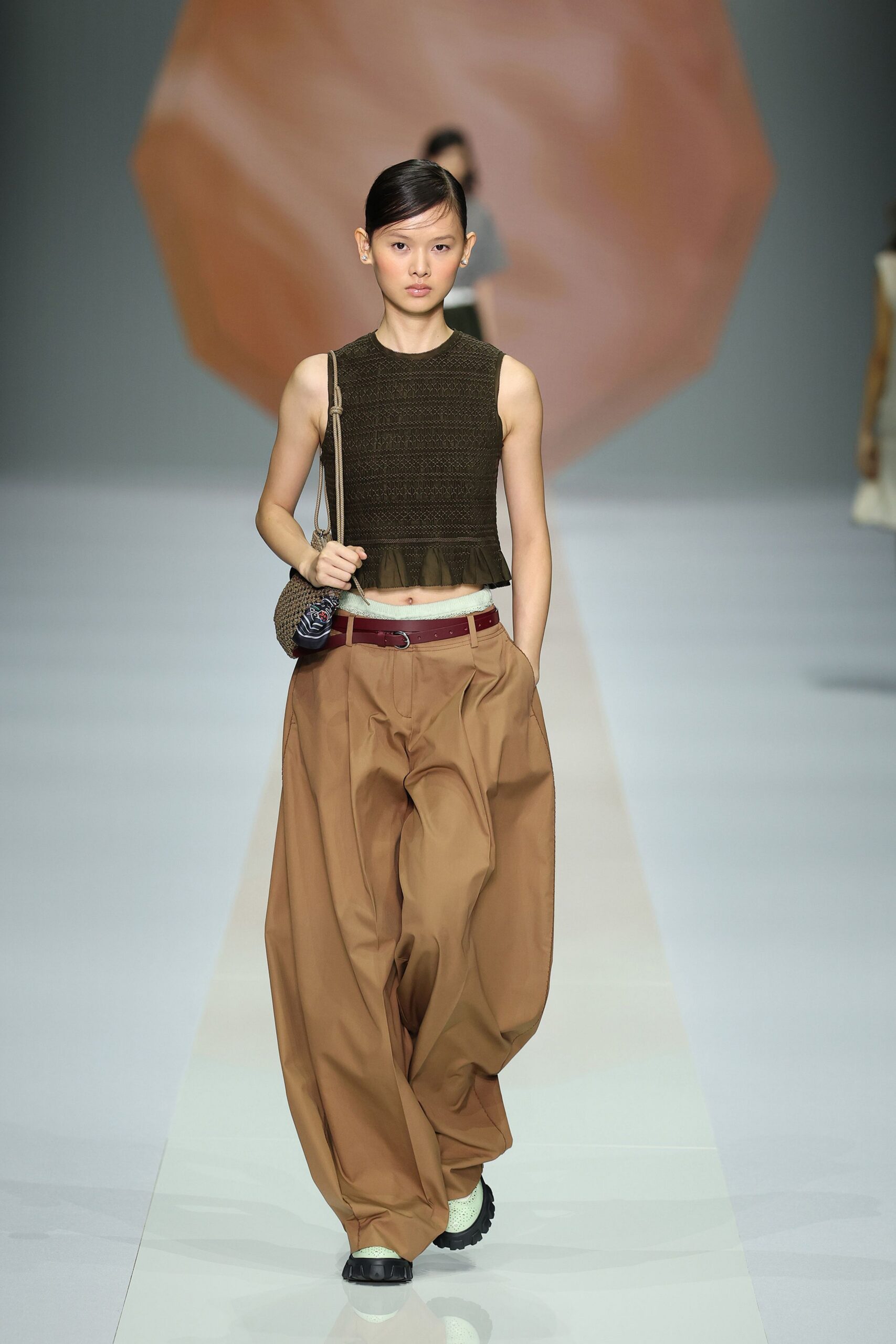 brown knit sleeveless high-neck fitted ruffled textured top