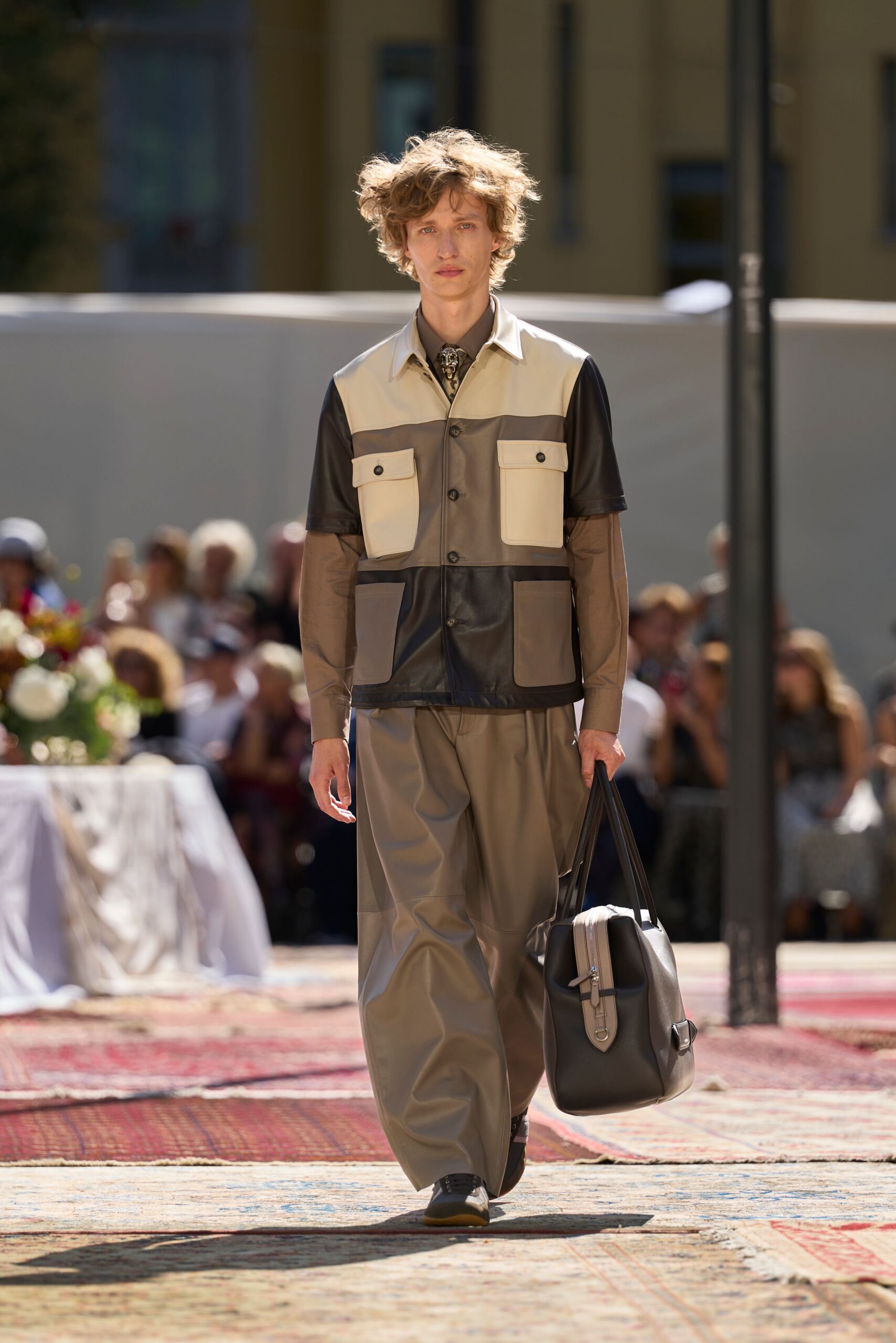 color-block leather utility overshirt
