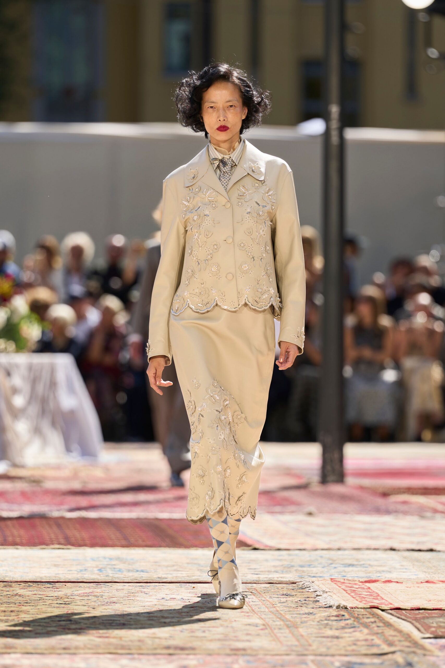 embroidered scalloped skirt suit