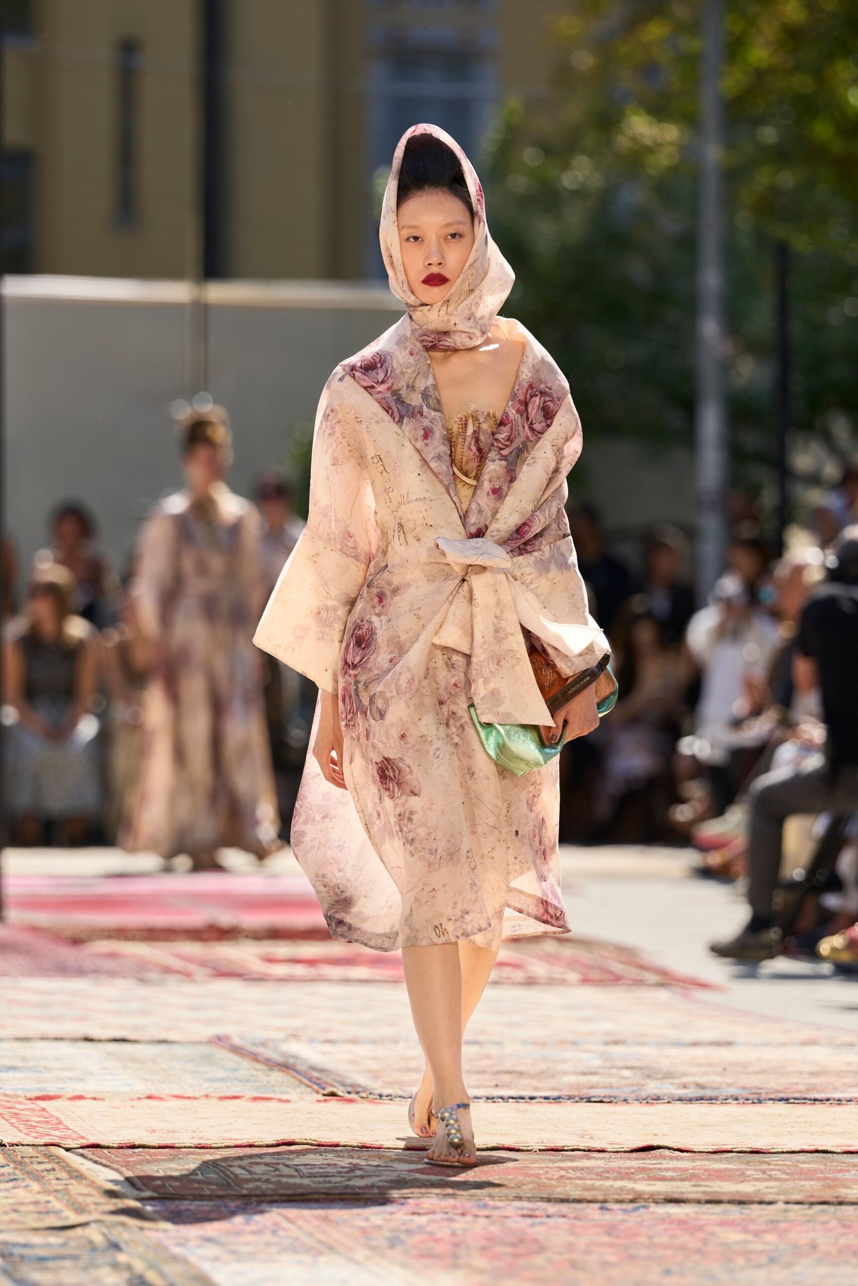 floral scarf-hood wrap dress