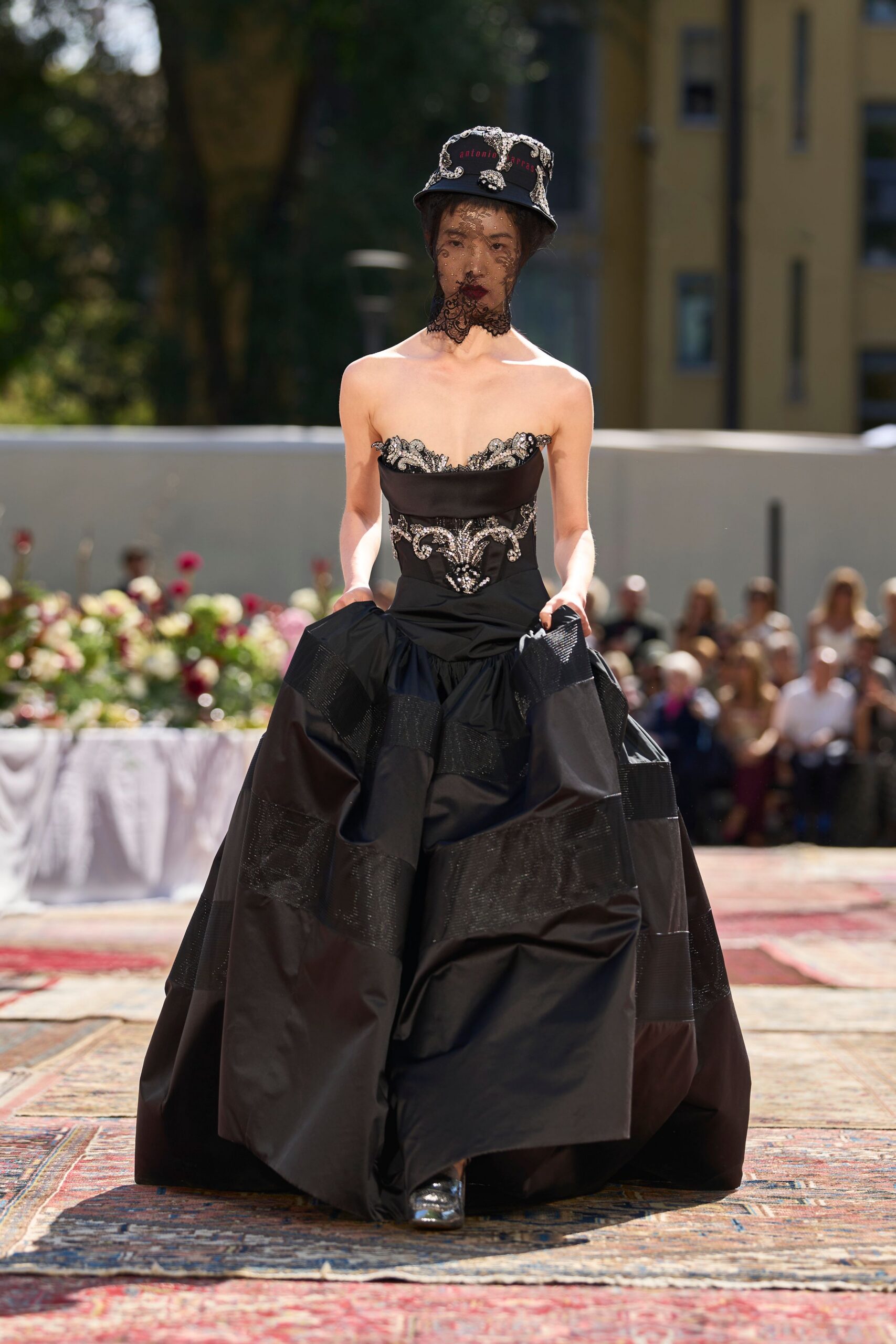 black embellished strapless ball gown