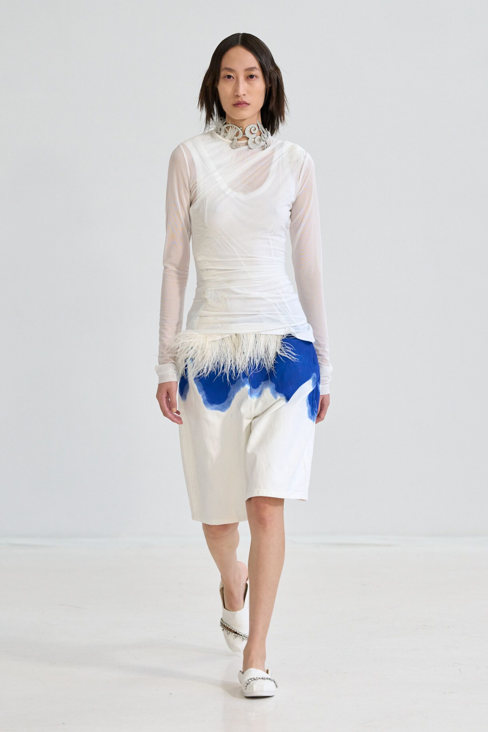 sheer feather-hem mesh top