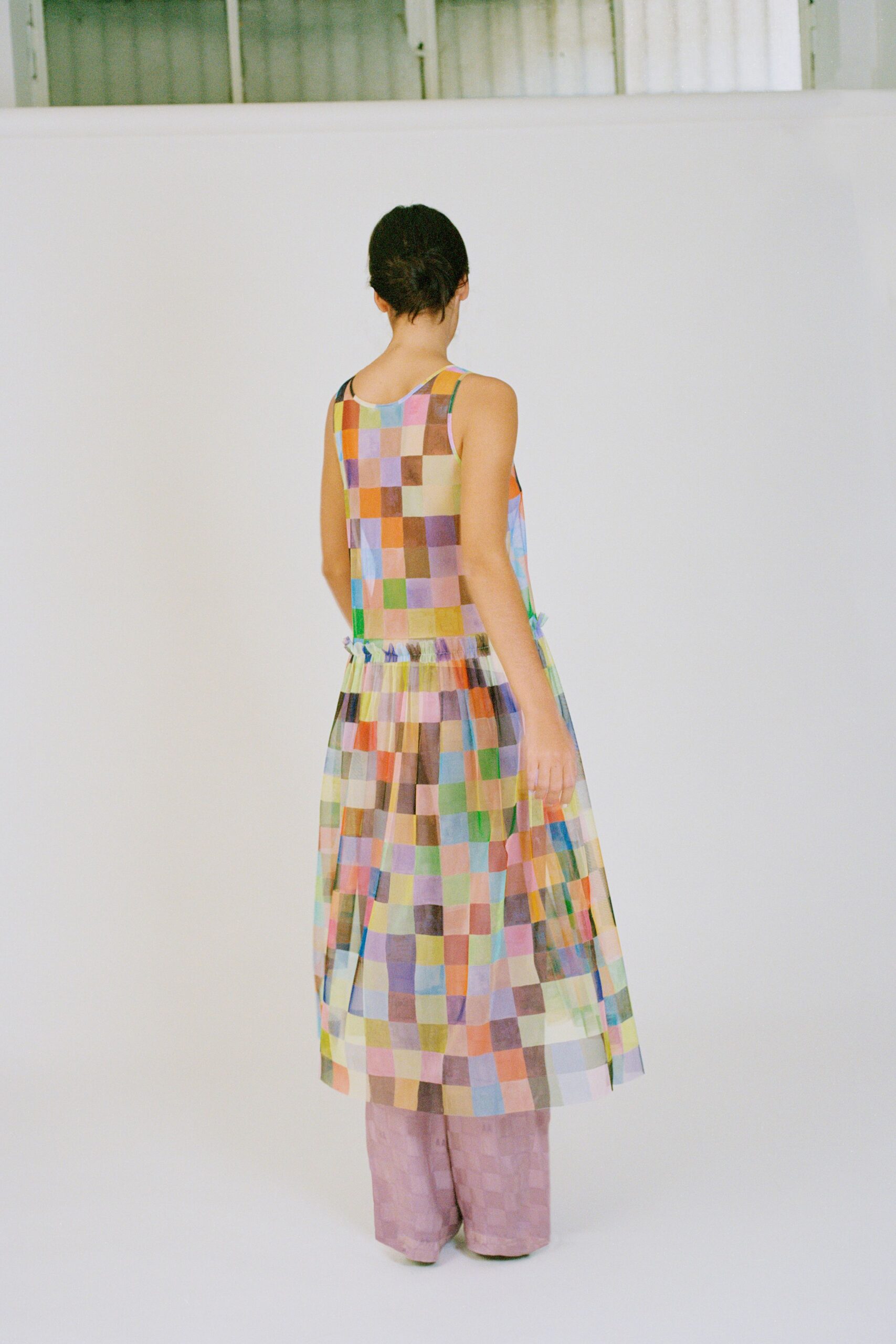 pastel checked sheer drop-waist dress