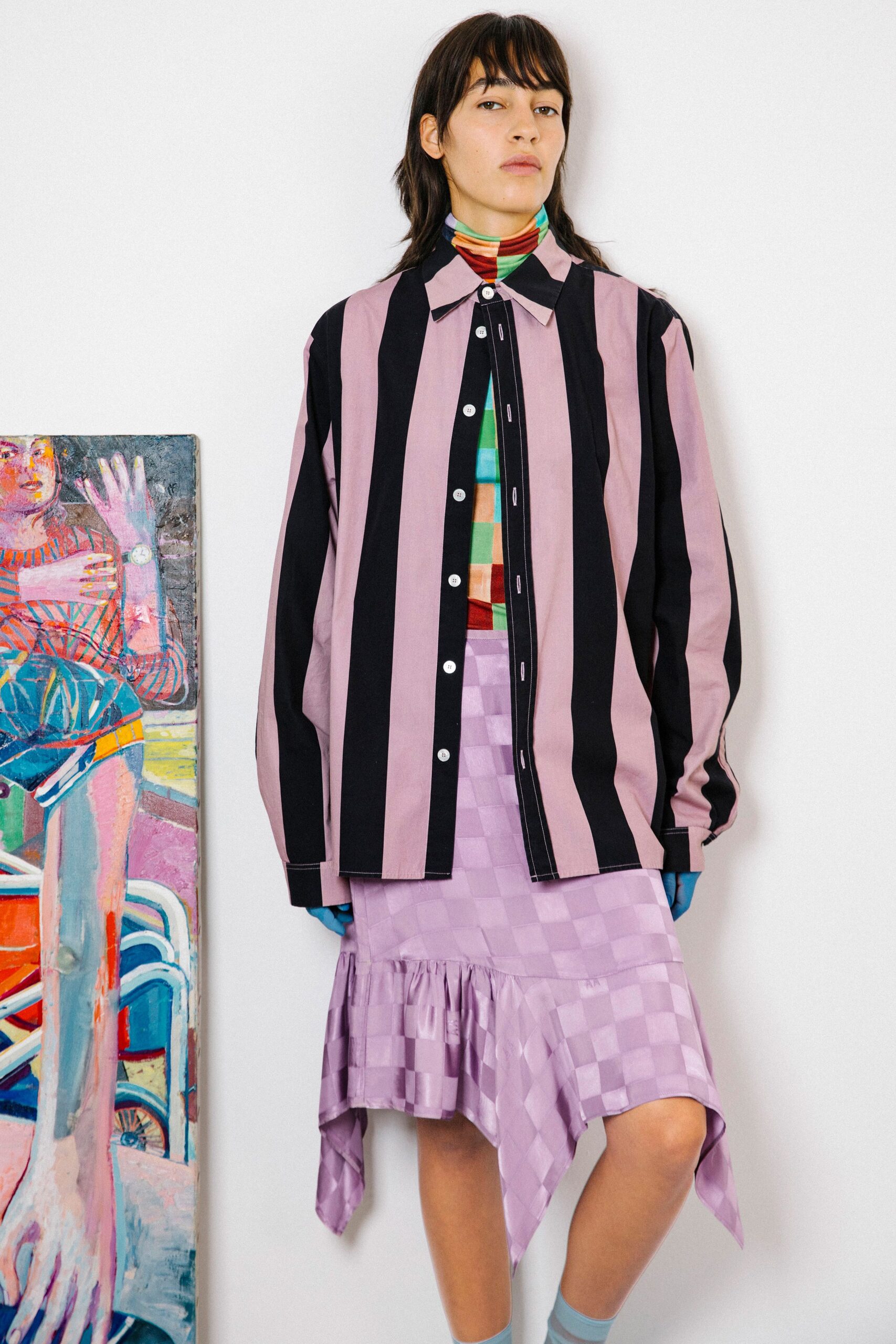 lavender satin asymmetric checked ruffled shiny flowing skirt