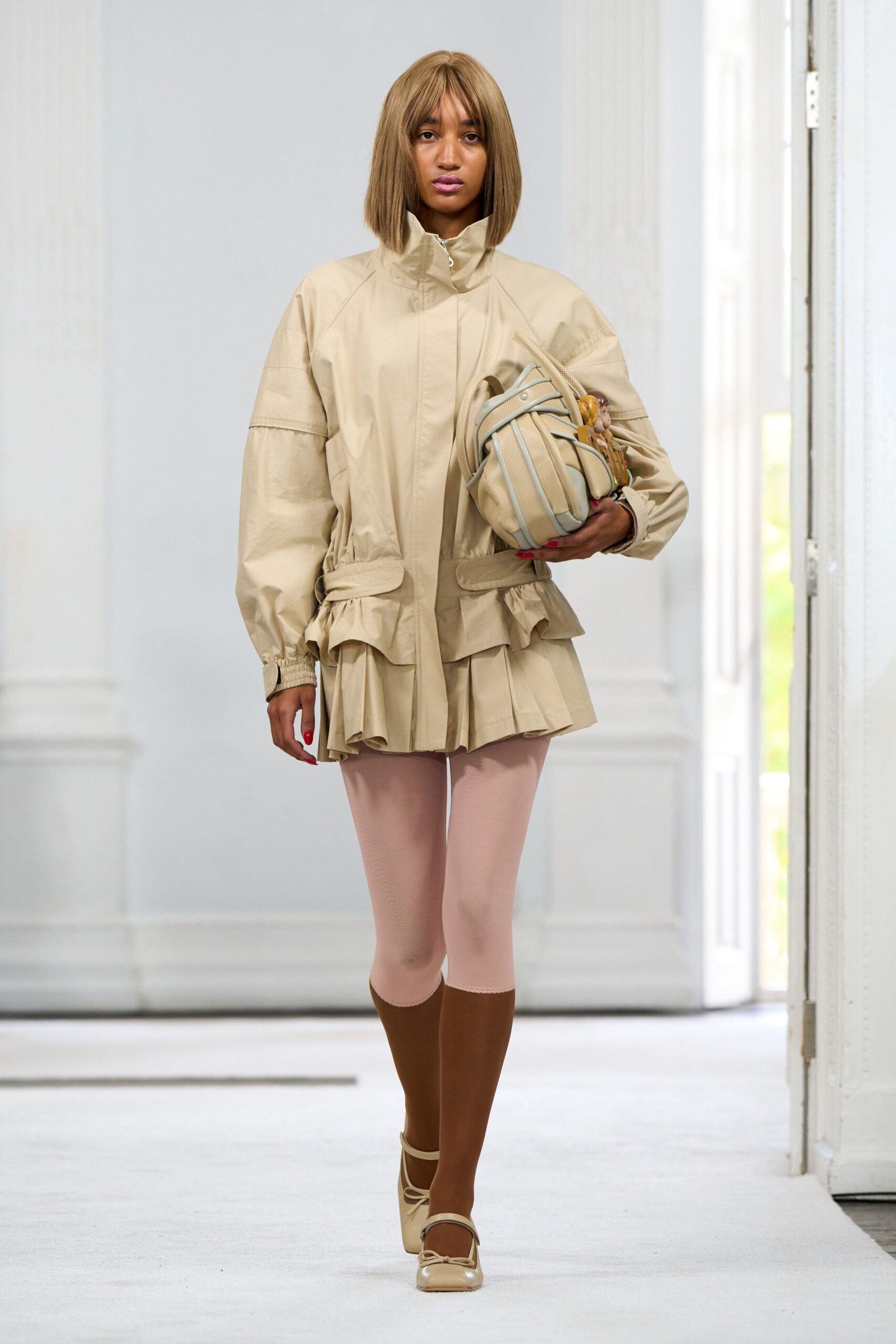 beige unknown long-sleeve high-neck relaxed zippered ruffled jacket