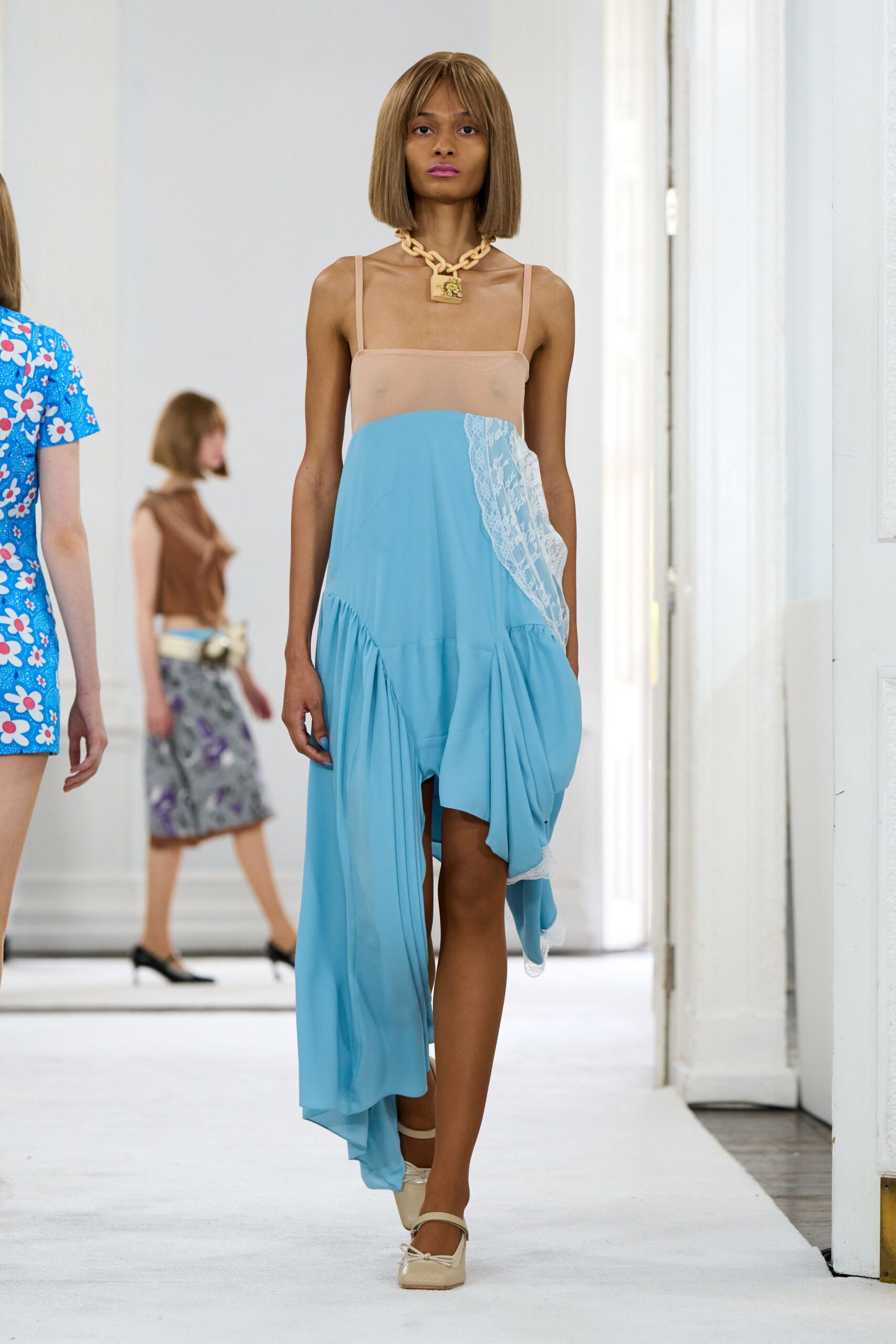asymmetric sheer lace-panel slip dress