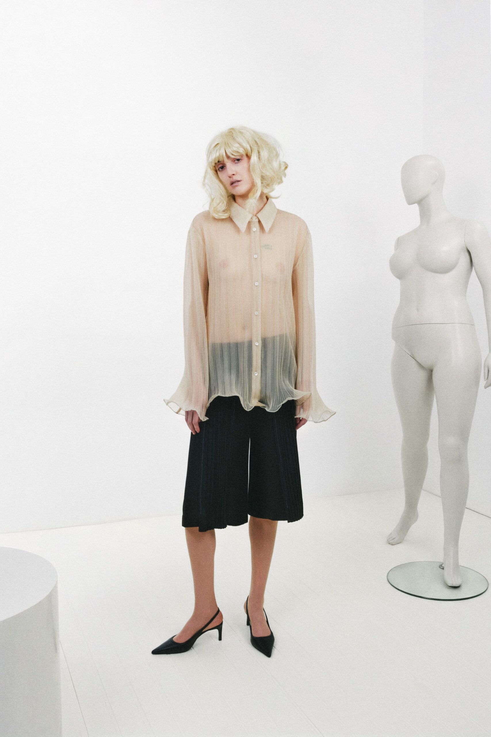 sheer pleated button-front blouse
