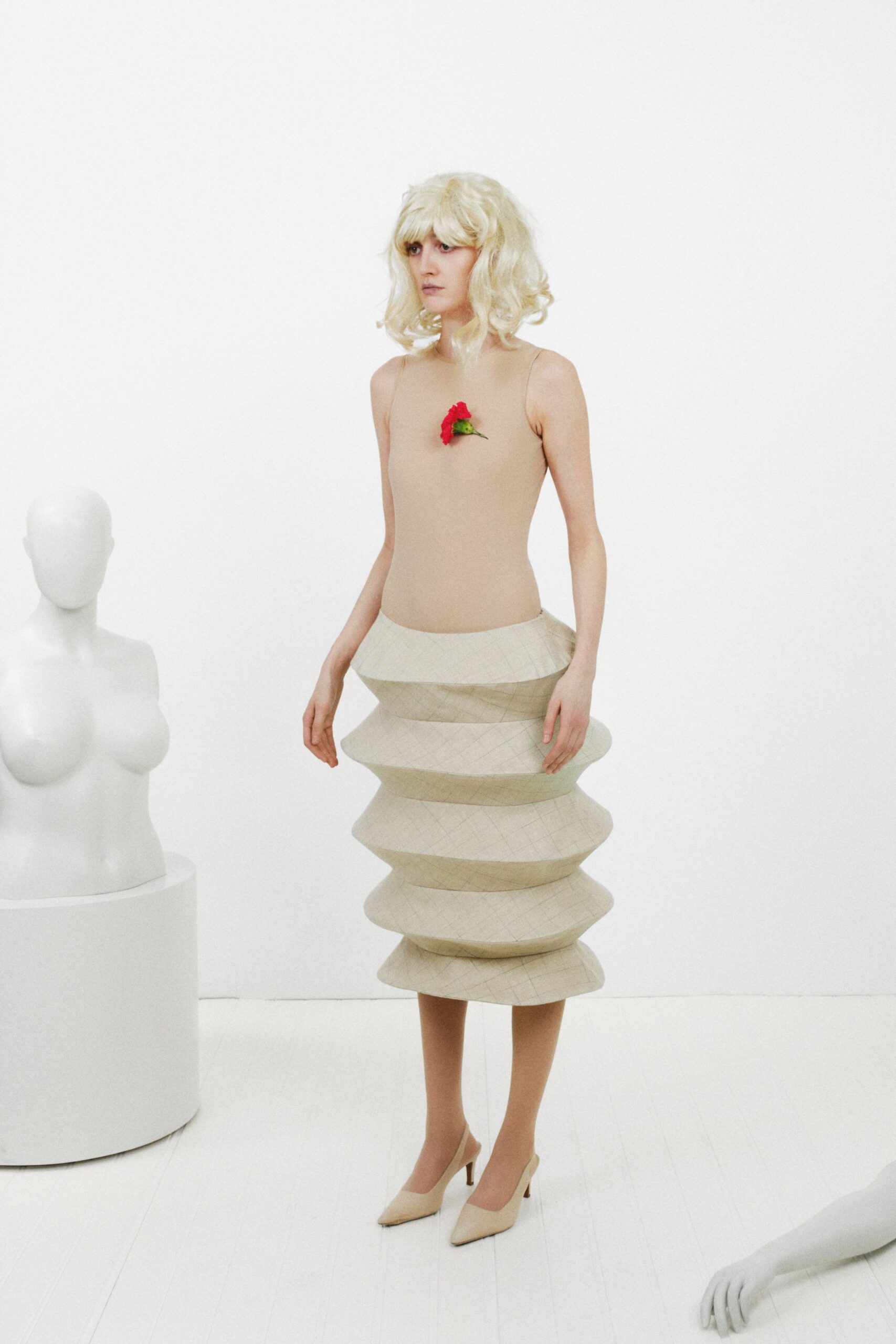 sculptural hoop skirt midi dress