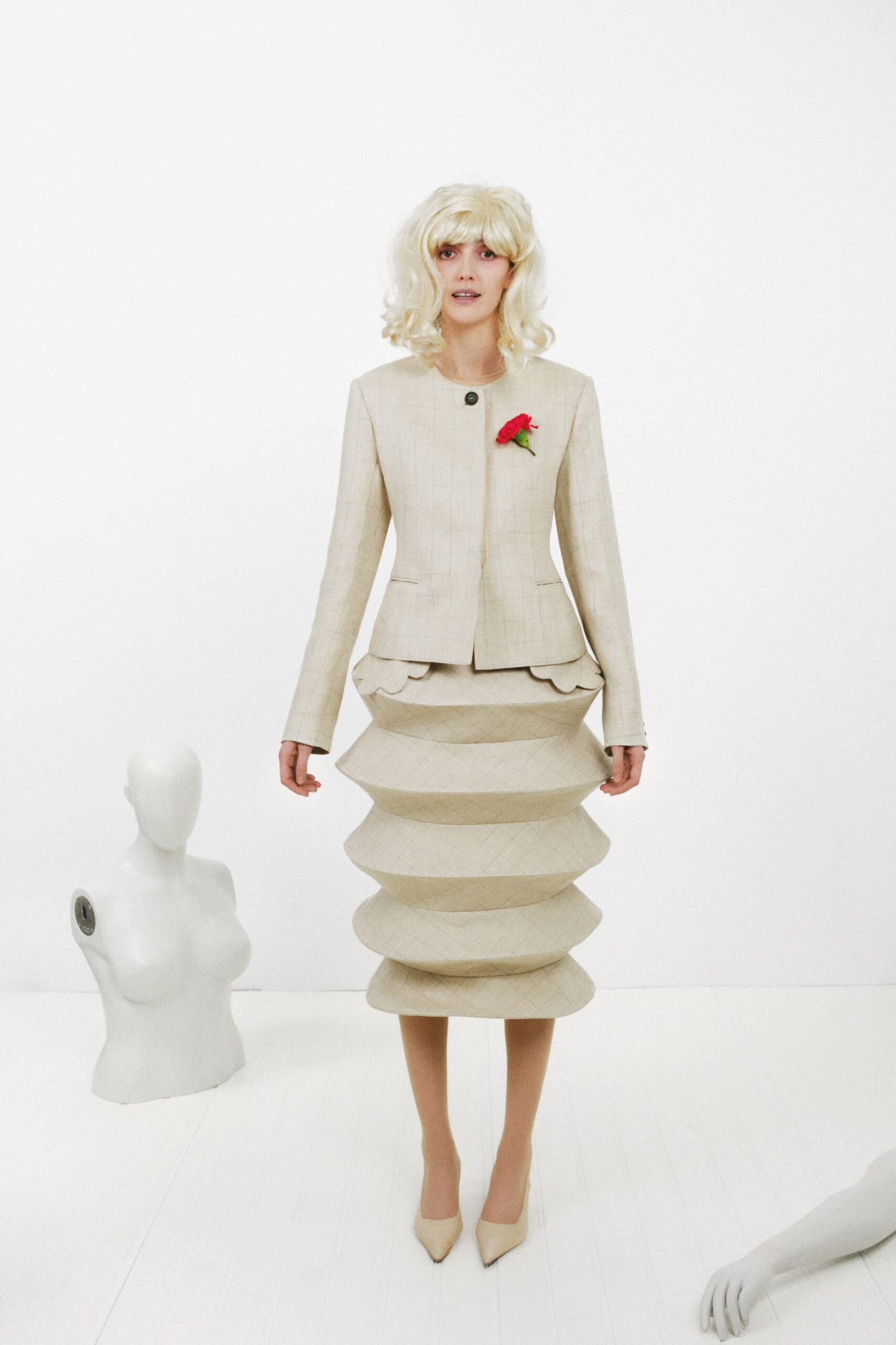 sculptural tiered midi skirt suit