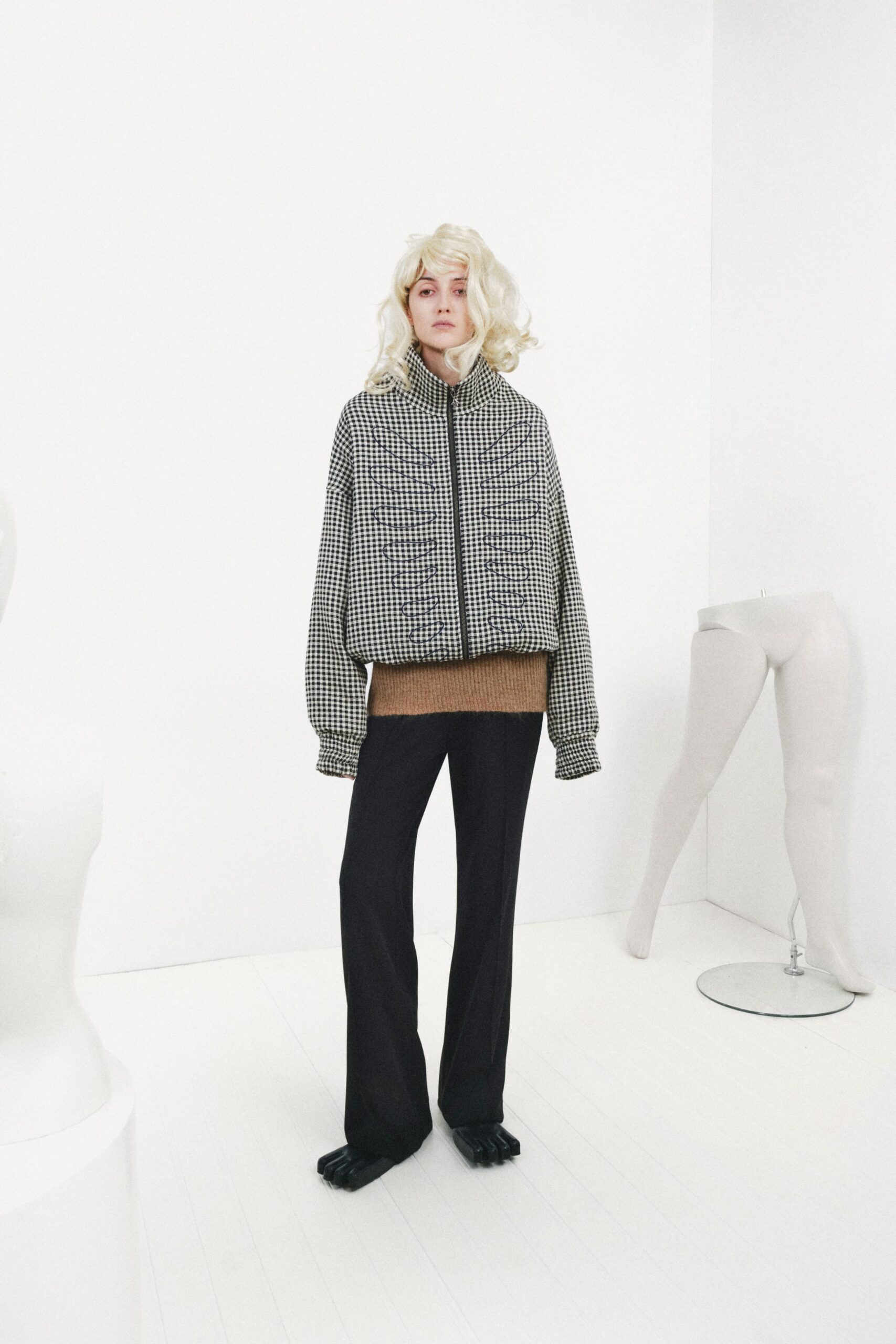 checked cropped puffer bomber jacket