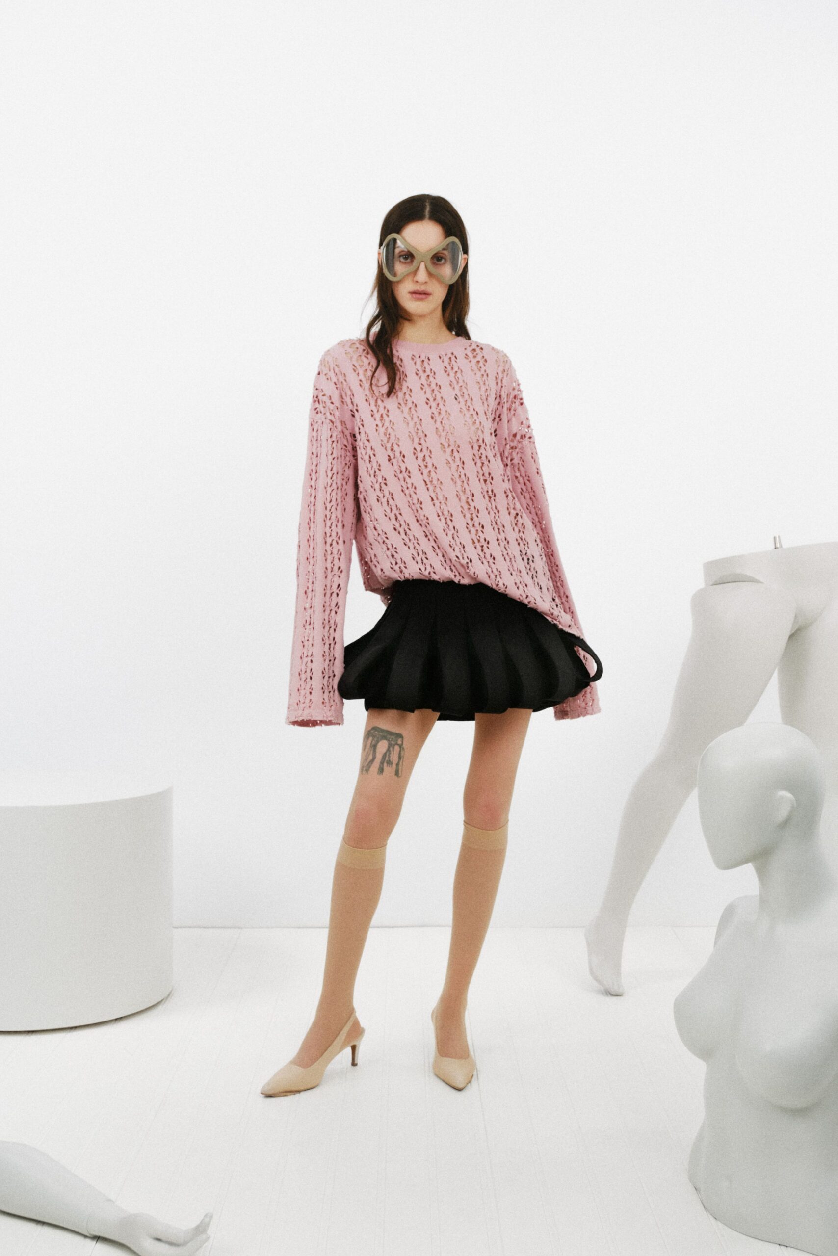 pink pointelle knit sweater