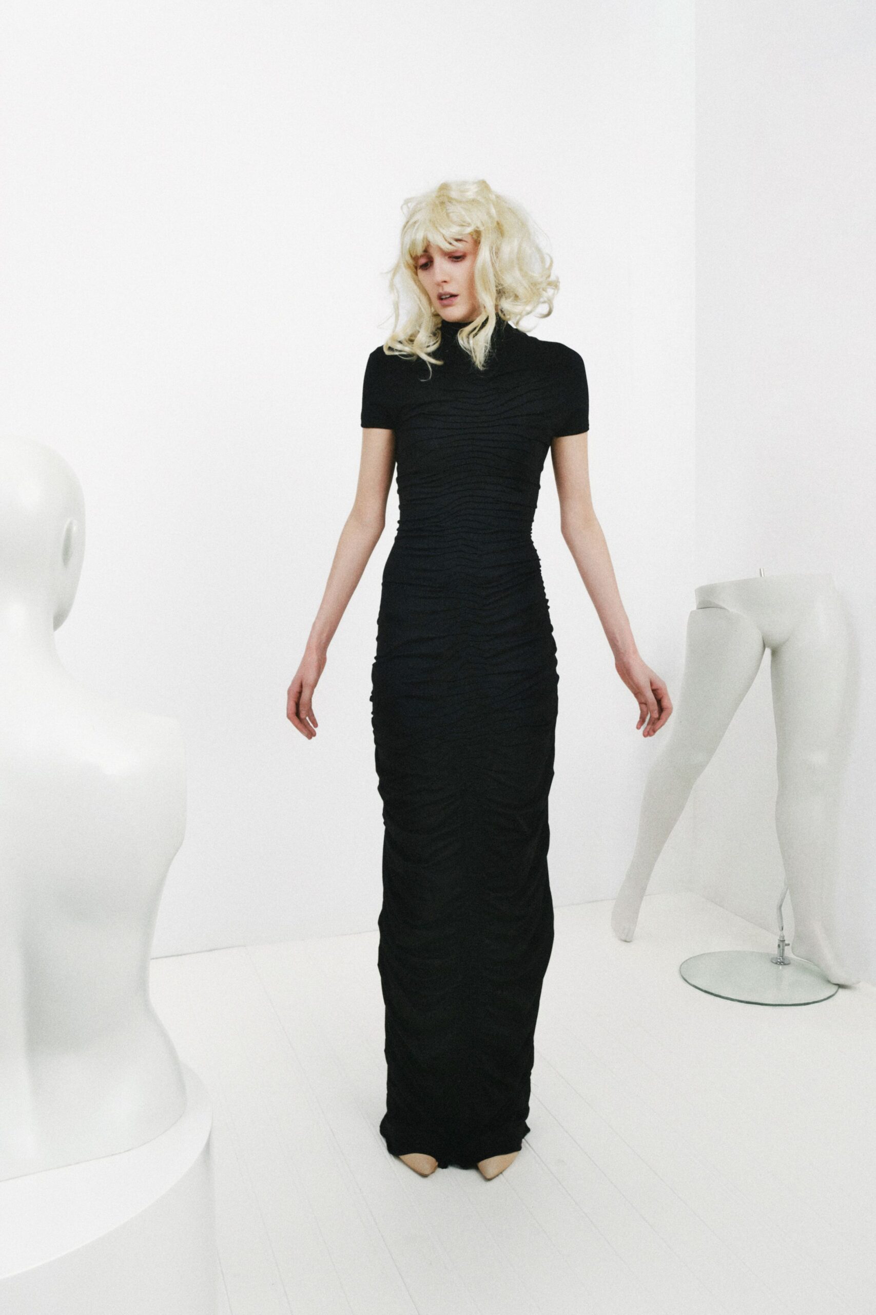 ruched black high-neck maxi dress