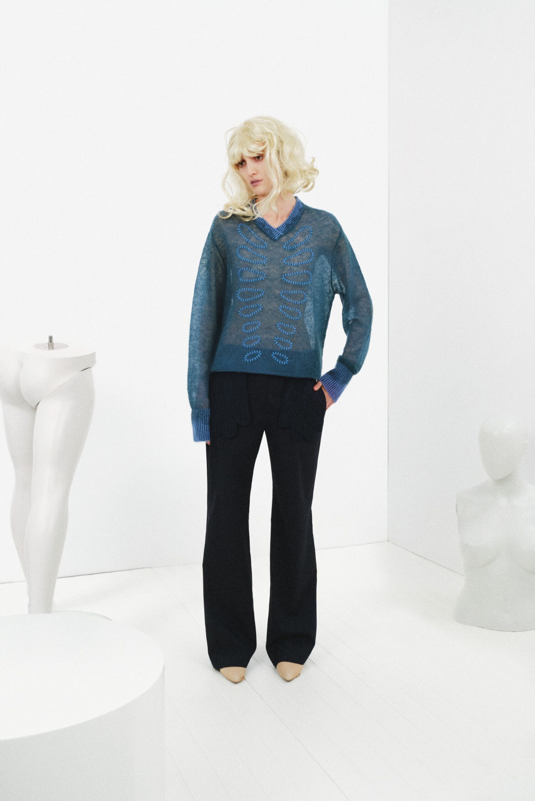 blue embroidered v-neck sweater