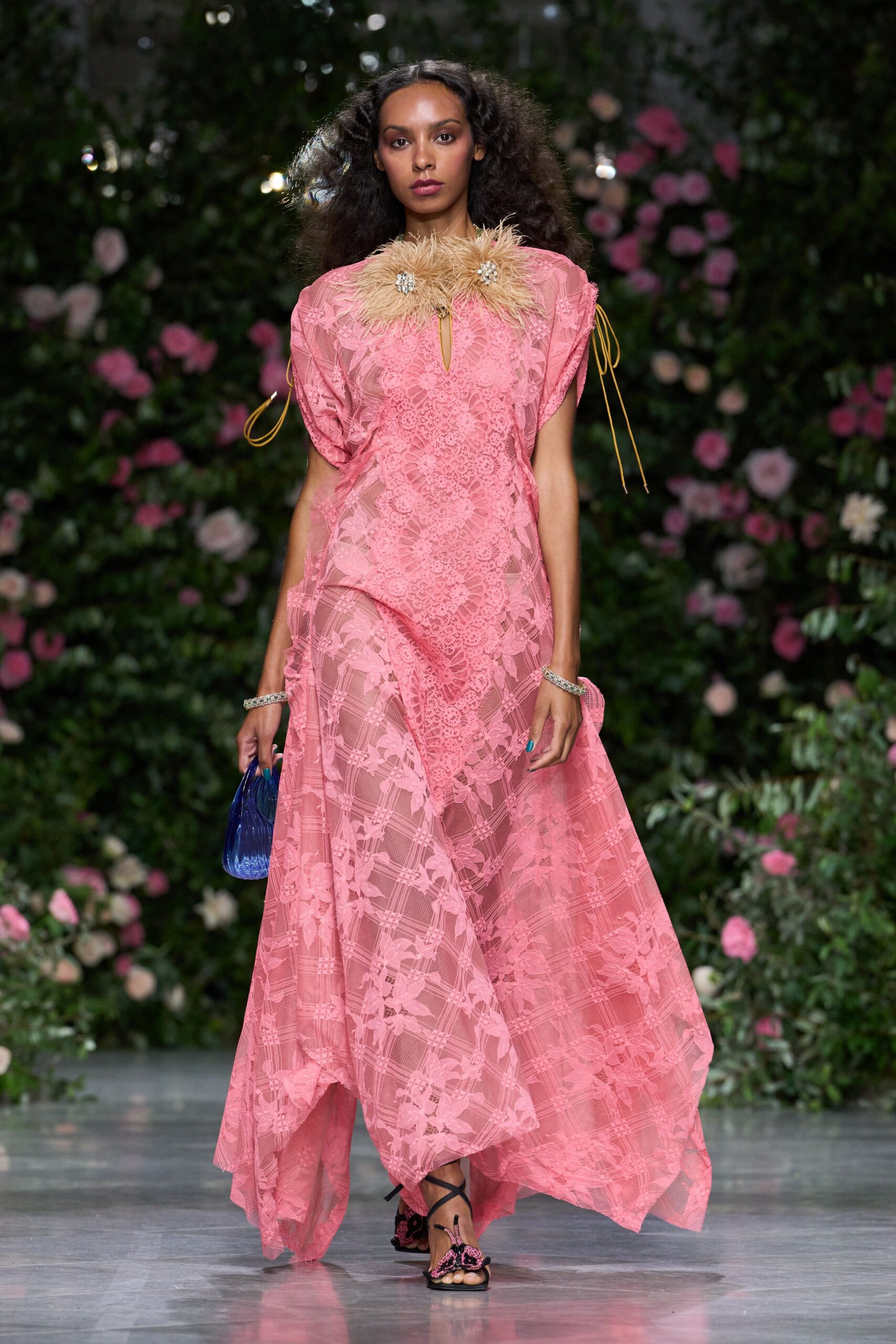 pink lace high-neck short-sleeve floral draped gown