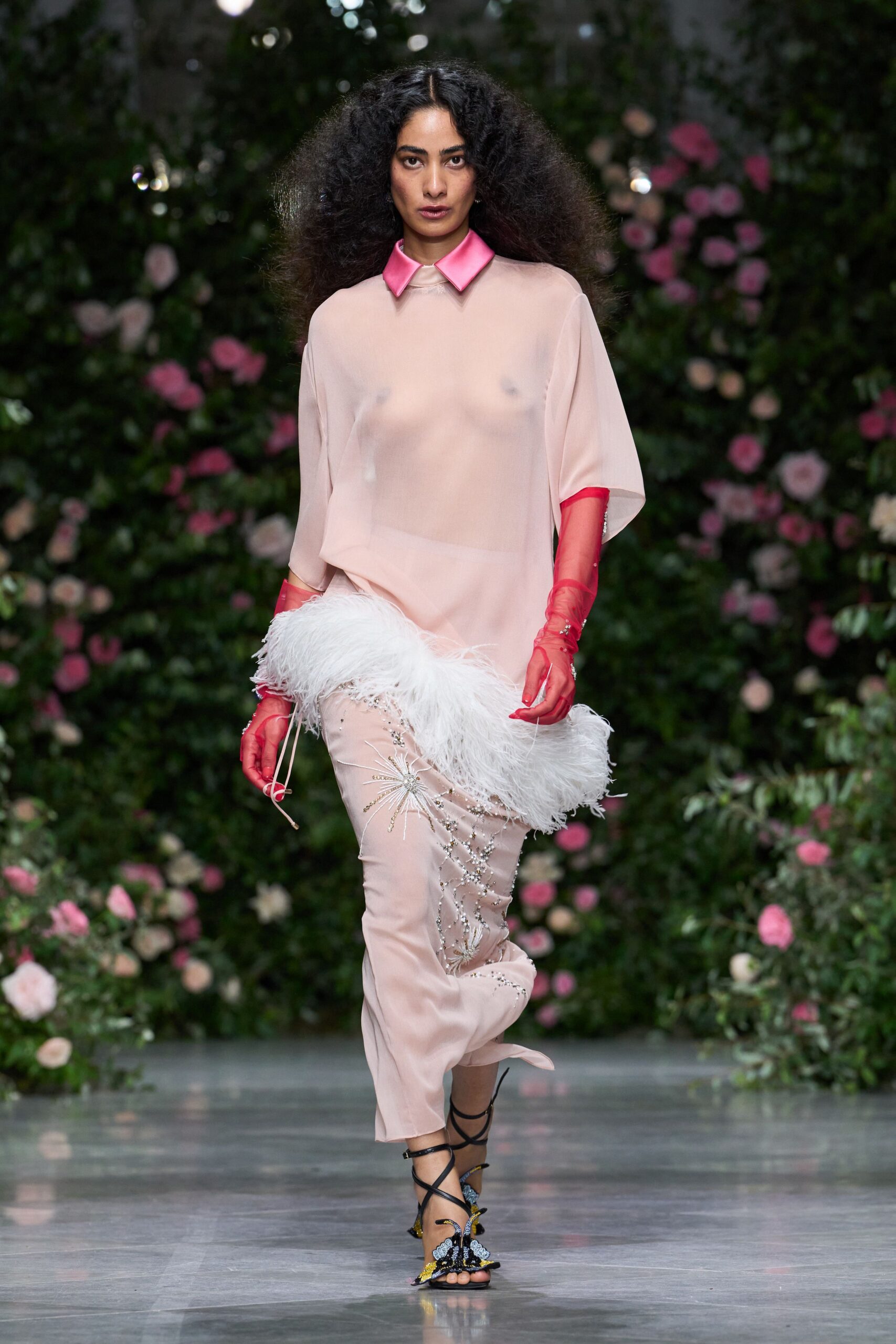 pink chiffon high-neck collared embellished feathered maxi-dress