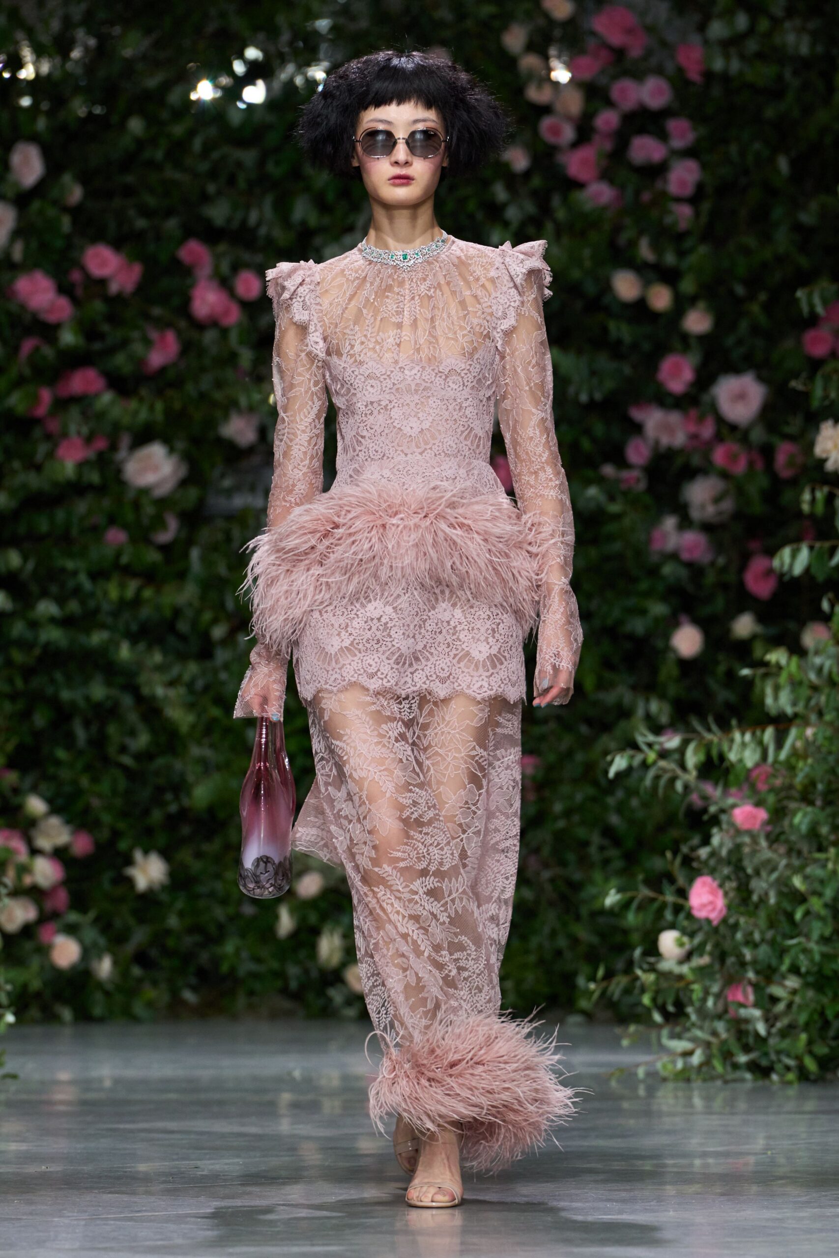 pink lace long-sleeve high-neck fitted embroidered feathered gown
