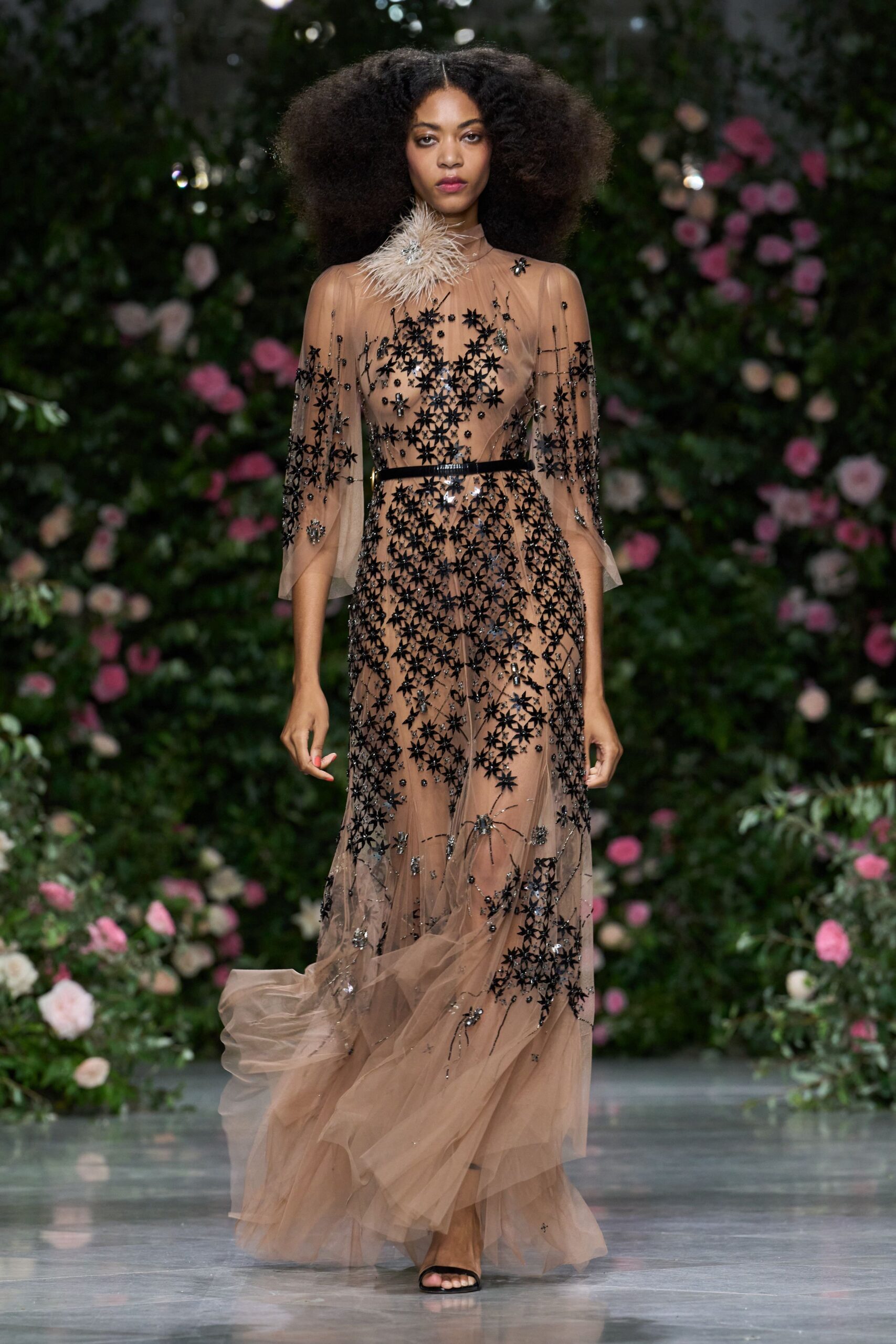 Nude illusion tulle gown scattered with black starburst beading and sequins. Narrow black velvet belt cinching the waist. Soft ostrich plume corsage pinned high at the throat. Black open-toe sandals barely visible under the pooled hem. Walking through a winter garden after midnight, petals sticking to the path.