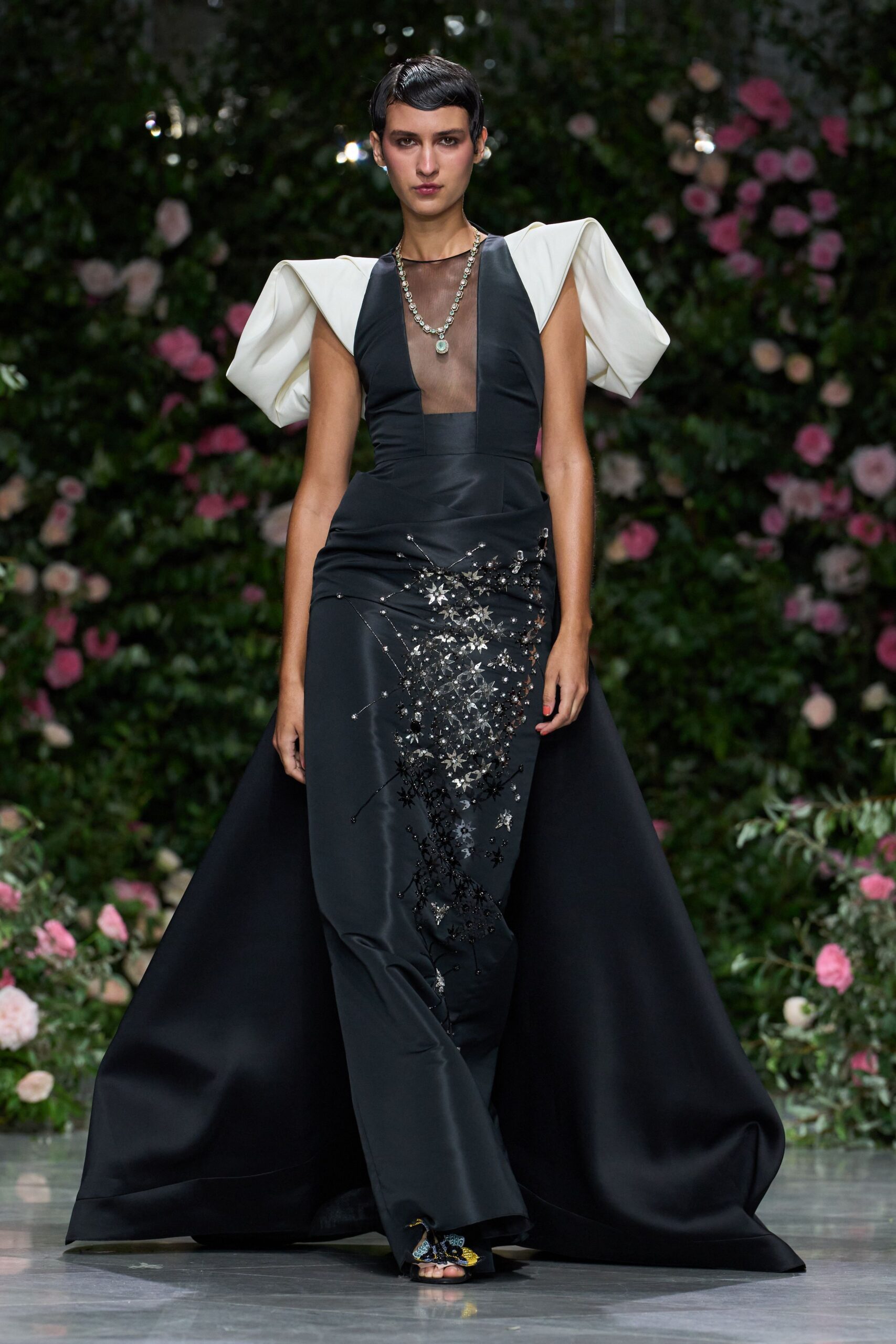 black satin sleeveless square-neck structured embellished draped gown
