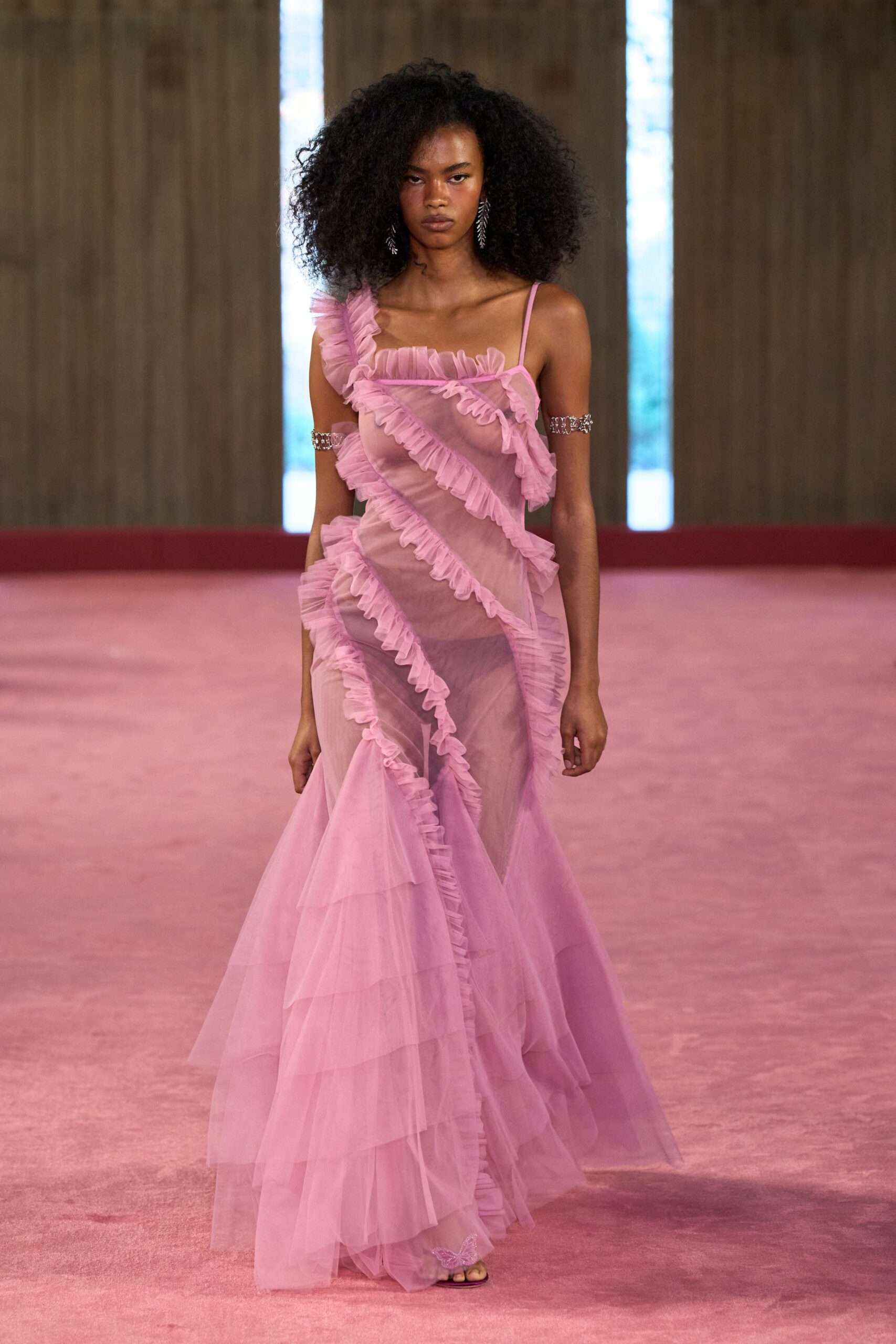 Sheer petal-pink tulle gown, spiral ruffles skimming one strap and hip. Crystal chain armbands on both biceps. Barely-there heels with a tiny butterfly perched at the toe. For crossing a hotel ballroom carpet after everyone else has gone upstairs.