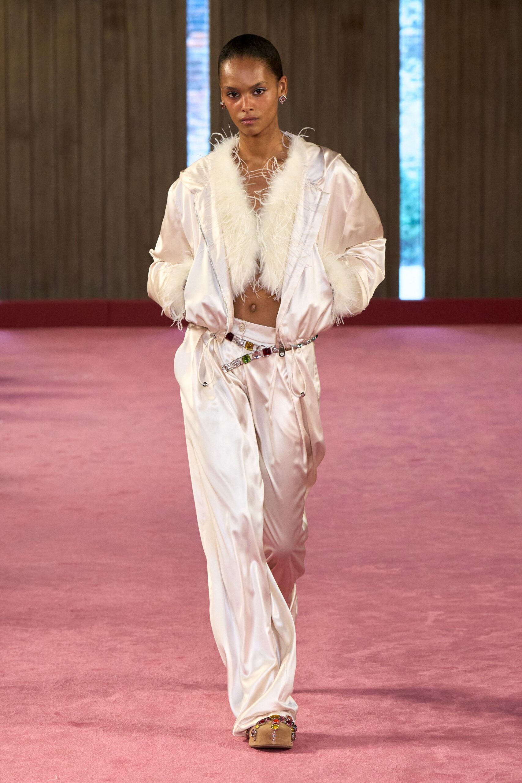 feather-trim satin bomber jacket