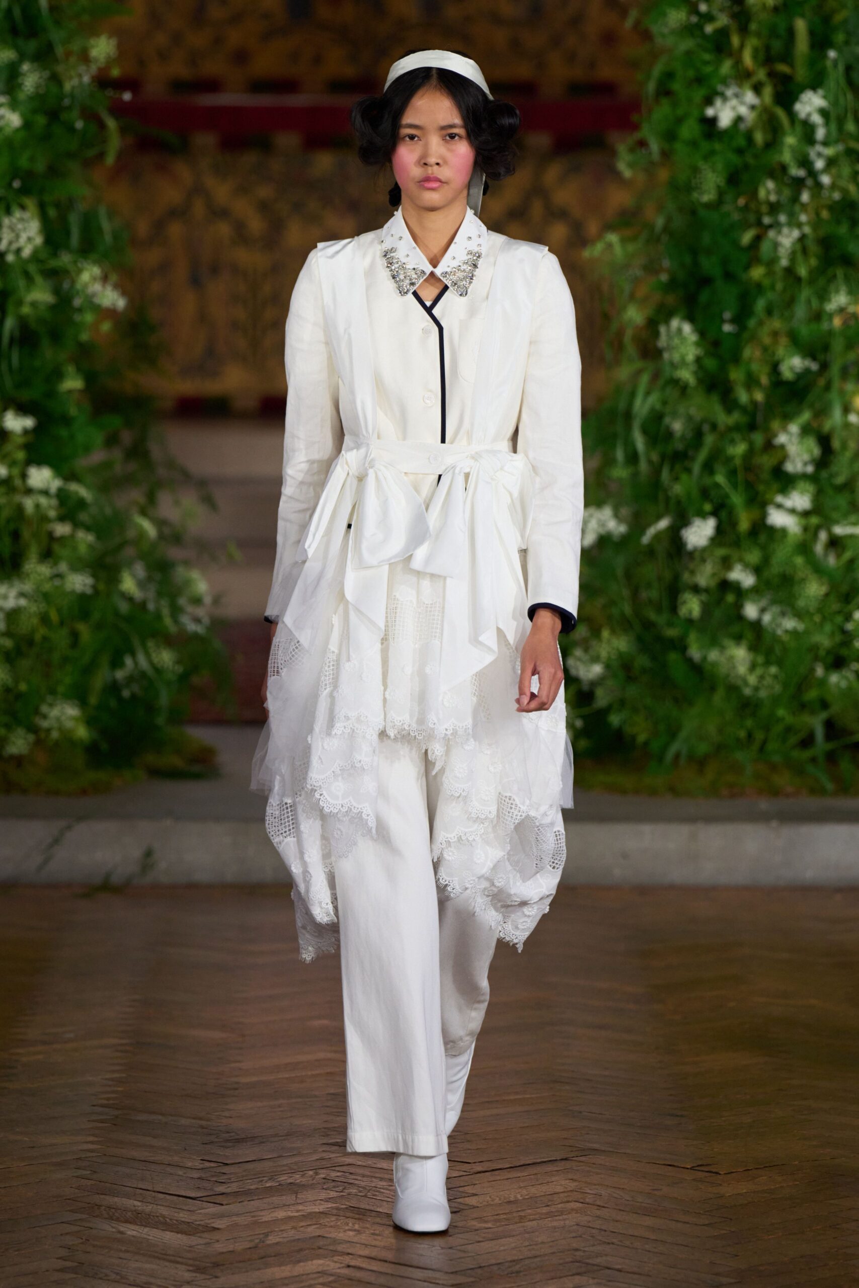 white lace-trim belted shirt dress